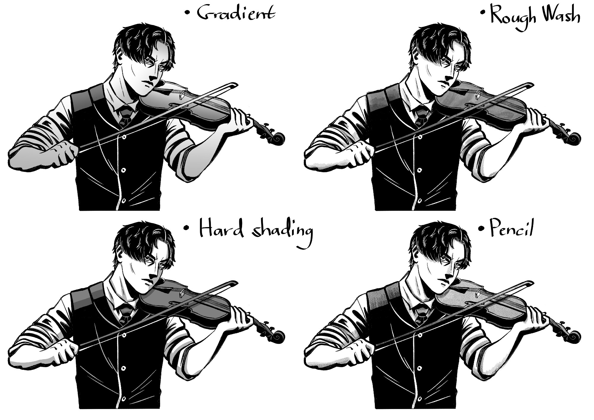 Four digital drawings, but each having a different way of shading/colouring. The methods are underneath the pure black shading inks. Clockwise we have gradient, rough wash, hard shading, and pencil.