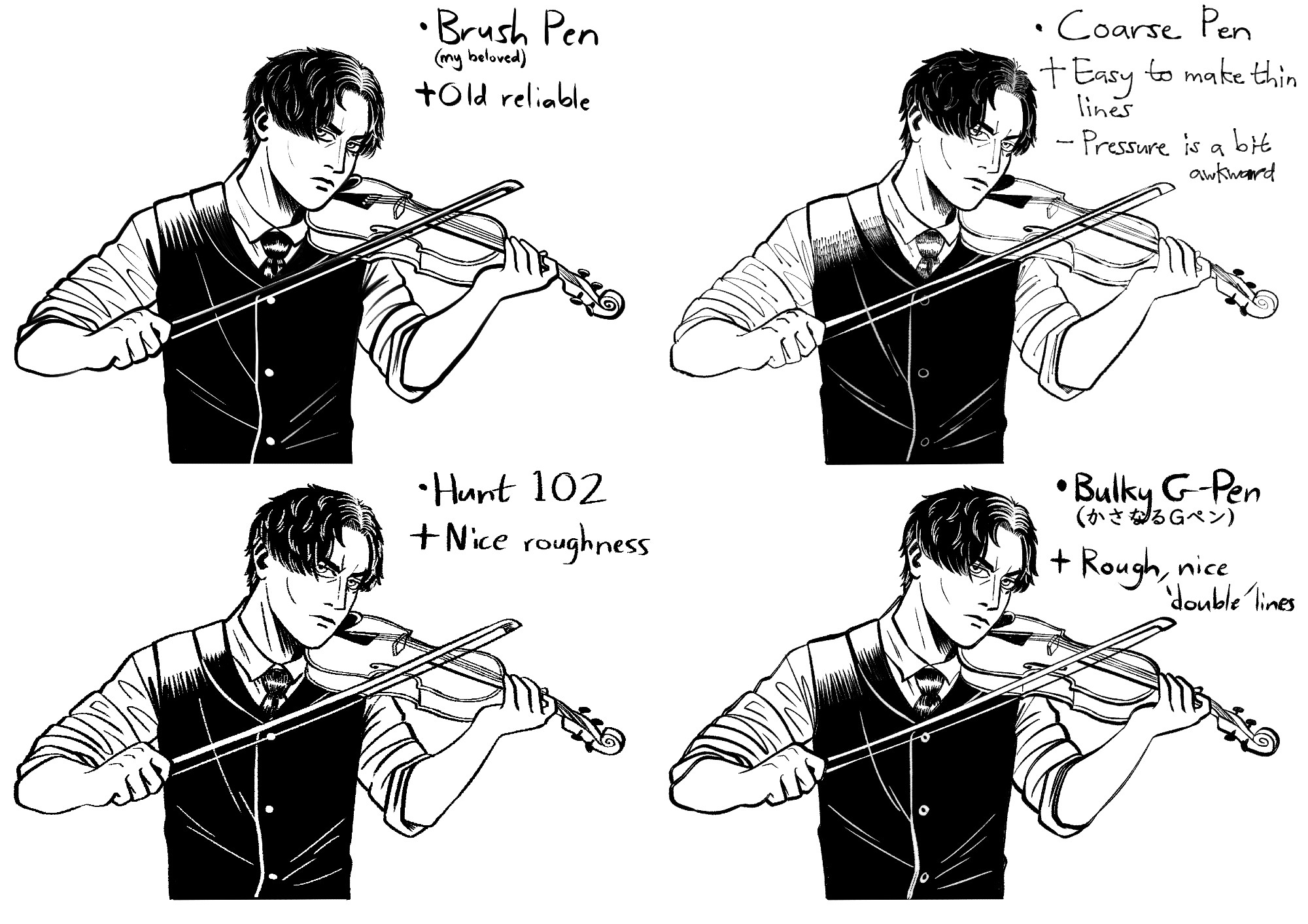 Four digital drawings, all based on the same sketch. The drawing is of Crescendo's protagonist Eliseo holding and playing a violin. The duplicate drawings are to test how the lineart of the comic will look. The brushes used are the default Brush Pen, Coarse Pen, Hunt 102, and Bulky G-Pen.