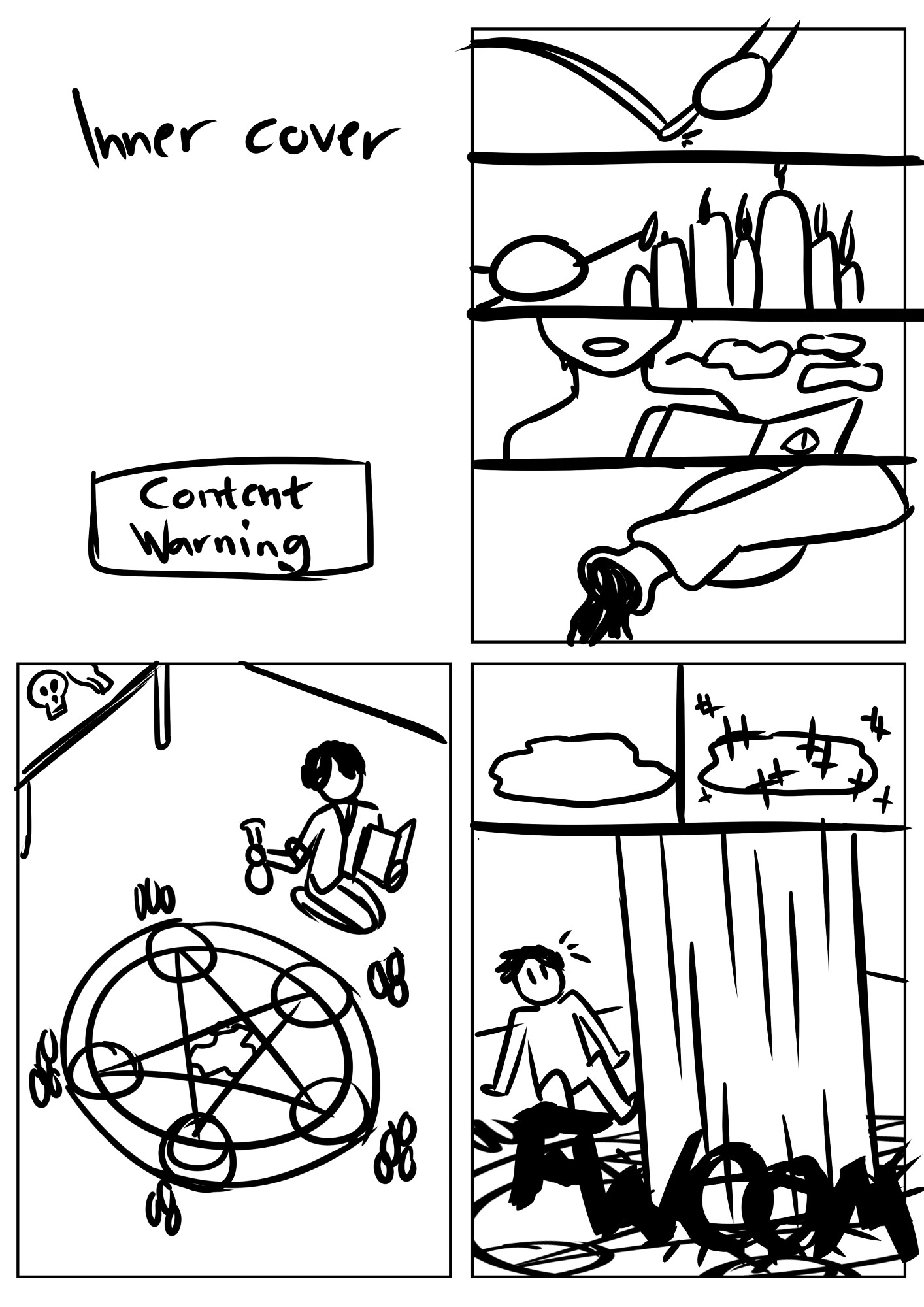 Digital thumbnail sketches of the first three pages of Crescendo. It features the main protagonist creating a ritual circle and summoning a demon.