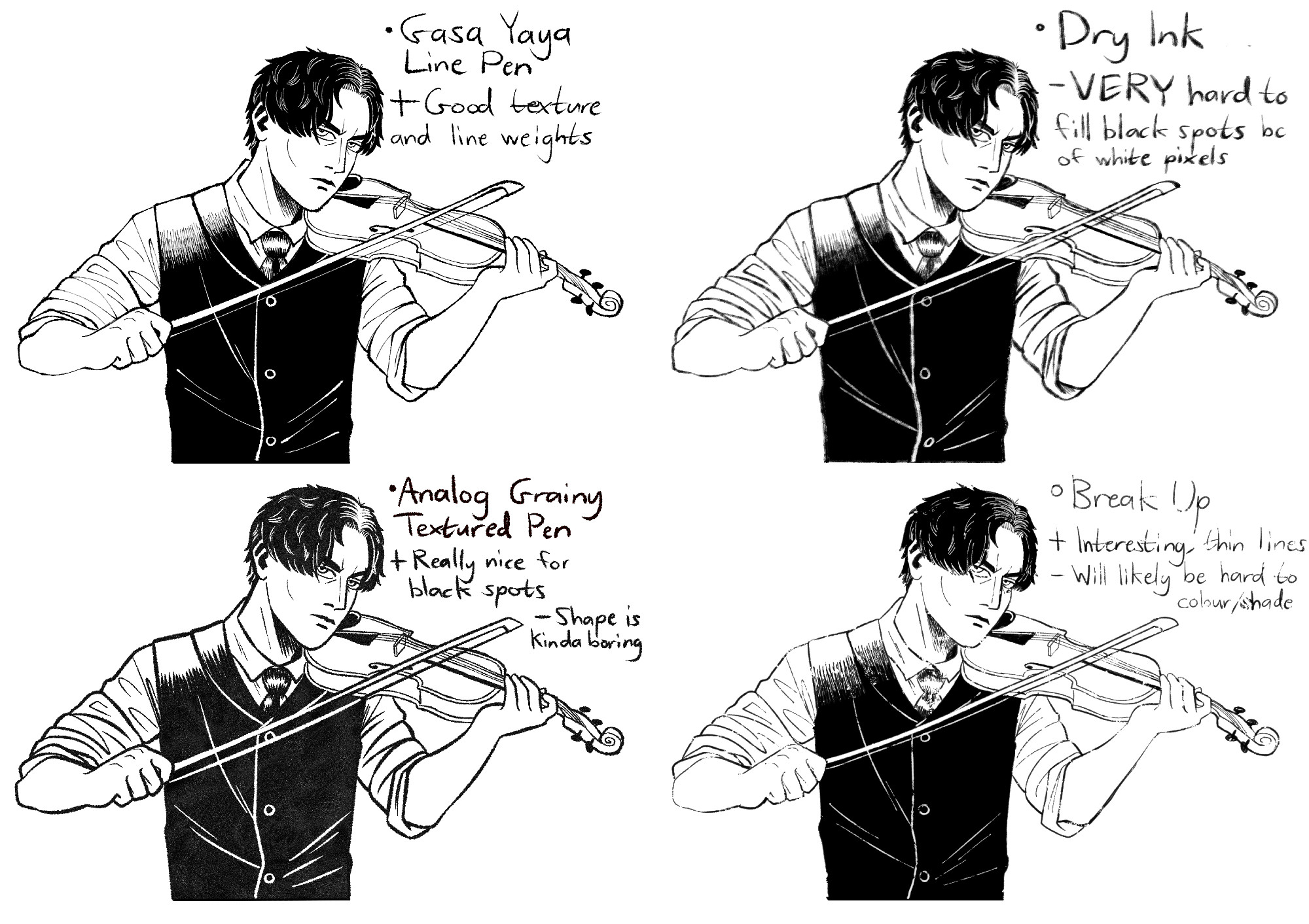 Four digital drawings, all based on the same sketch. The drawing is of Crescendo's protagonist holding and playing a violin. The duplicate drawings are to test how the lineart of the comic will look. The brushes used in pt 2 are Gasa Yaya Line Pen, Dry Ink, Analog Grainy Textured Pen, and Break Up.