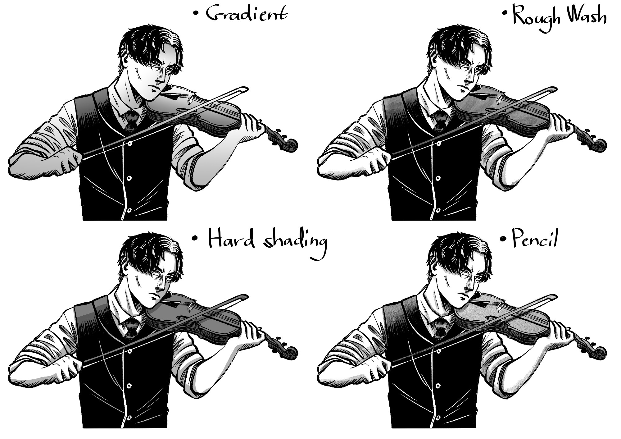 Four digital drawings, but each having a different way of shading/colouring. The methods are underneath the single hatching inks. Clockwise we have gradient, rough wash, hard shading, and pencil.