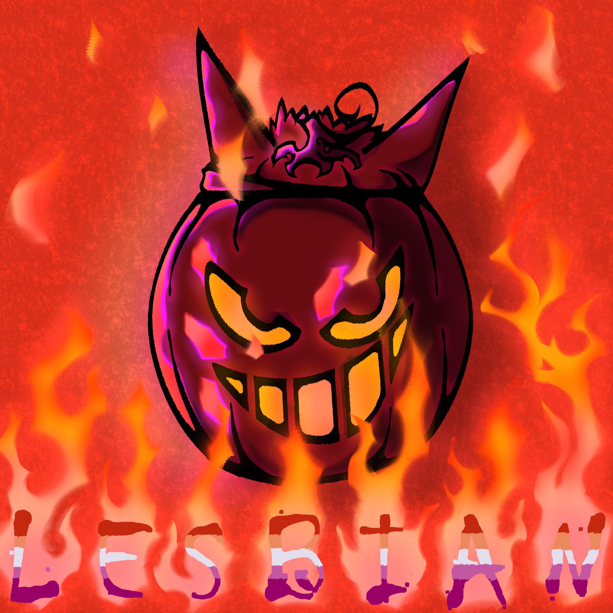 A drawing depicting a jack-o-lantern resembling a gengar from pokemon. It has dark shading, with strong yellow lighting coming from its silly and menacing facial expression. The gengar pumpkin seems to be smirking and looking directly forward. Underneath the gengar are big letters spelling "lesbian" in all caps and in the chiller font. The letters are colored with the stripes of the lesbian flag, and each letter is surrounded by tall, wispy flames. The background is a bright orange, and there is bright orange light shining on the gengar along with the yellow lighting coming from its facial expression.