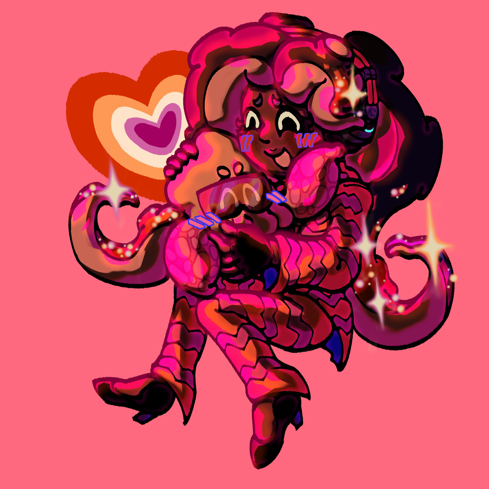 A drawing of Pearl and Marina from splatoon. Marina is floating, holding Pearl in her squid form close to her. They are both in their side order outfits, with Pearl having only her shades in her squid form. The stars on Marina's tentacles shine bright, with an orange and purple glow. Marina's tentacles are curled up in heart shapes, and both Marina and Pearl have gleeful faces. Pearl's left tentacle is cupping Marina's face, acting as a hand. A heart in the lesbian flag colors stands behind them on the left side of the image. The background is a solid rosy pink, and the two cephalopods are enveloped in a bright pink light.