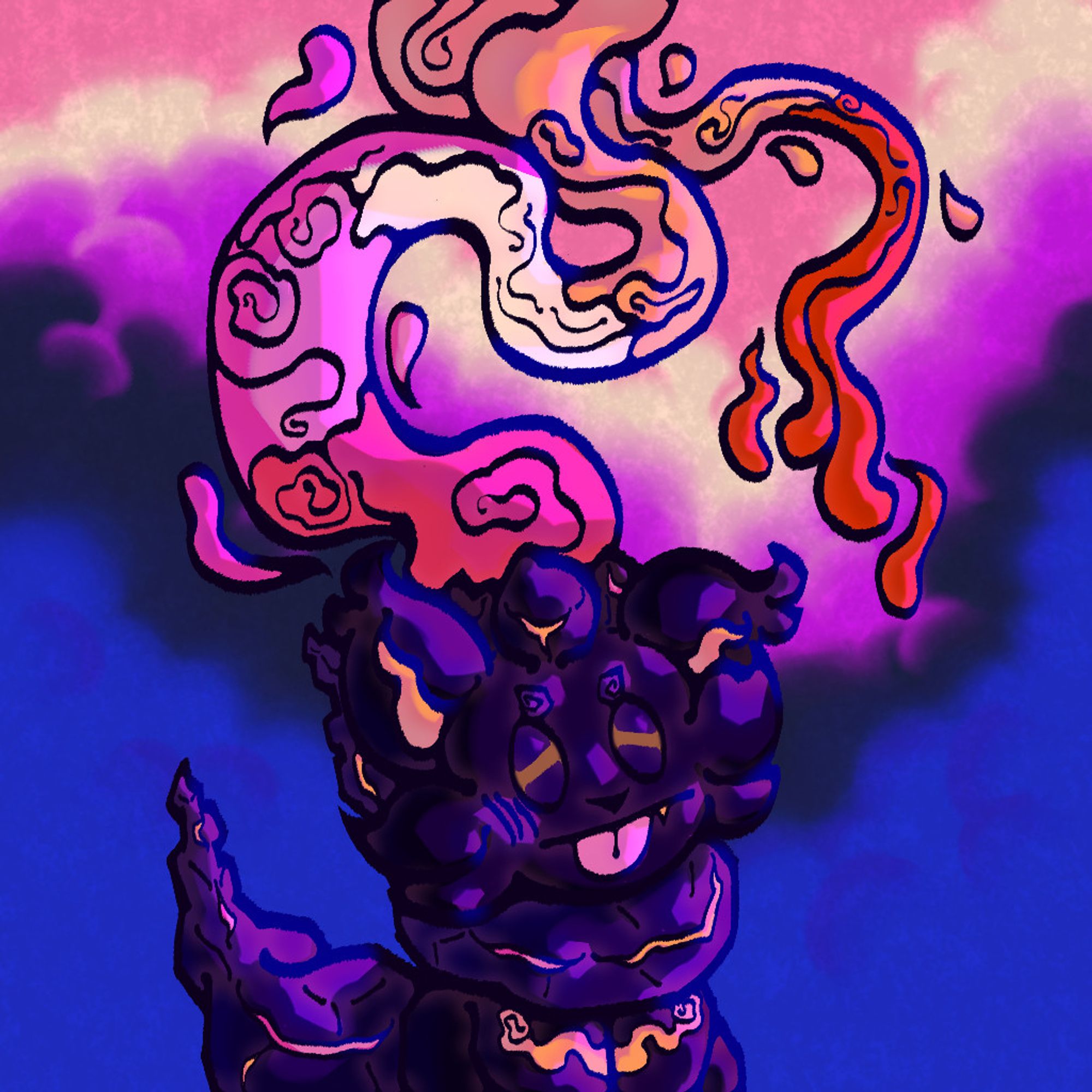 A drawing depicting a hisuian zorua from pokemon. The zorua looks different, being dark blue with rocky parts. Water replaces the wisp-like fur ontop of its head, being shown with the lesbian flag colors in swirly patterns. The water is very long and flowy, curling in different directions as it comes out of the head. The zorua looks sleepy with its tongue sticking out as it sits. There are orange cracks and glowing parts all over its body. The background depicts a large, cloudy sky that resembles the genderfluid flag.