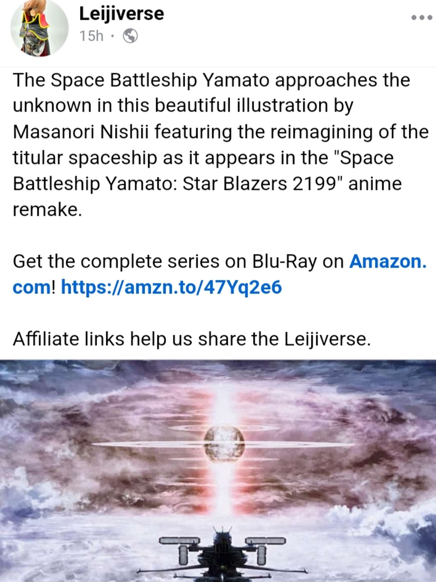 An example post from the "Leijiverse" Facebook group, where he shows off someone else's art and under it shares an affiliate link to blurays, with the phrase "Affiliate links help us share the Leijiverse". All money he makes with these links goes directly to him, with no explanation on how that does anything.