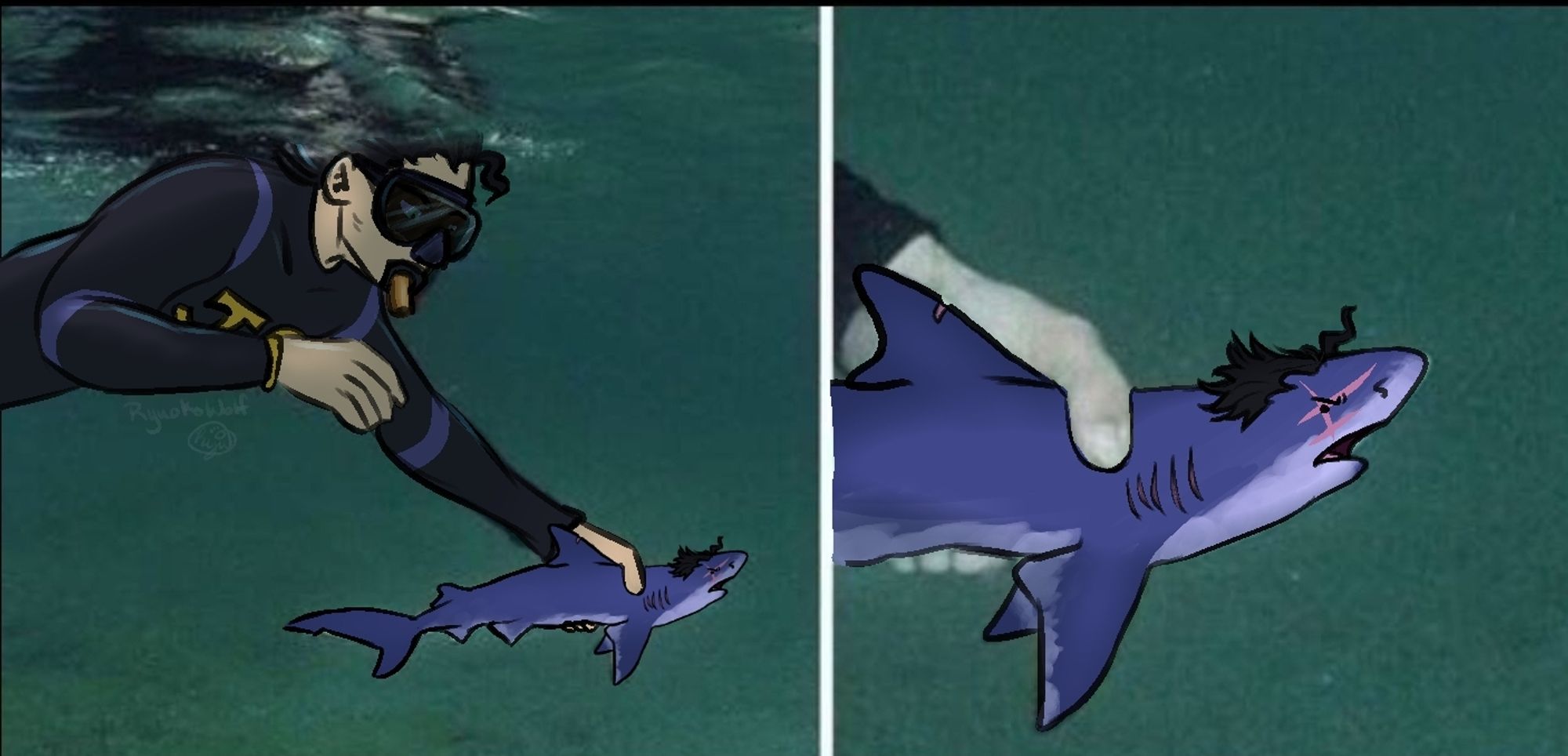 Jotaro Kujo grabbing a shark version of himself in scuba gear