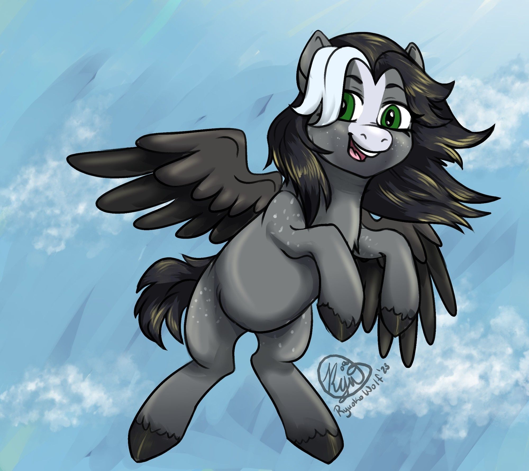 Grayscale my little pony pegasus with blue sky and cloud background