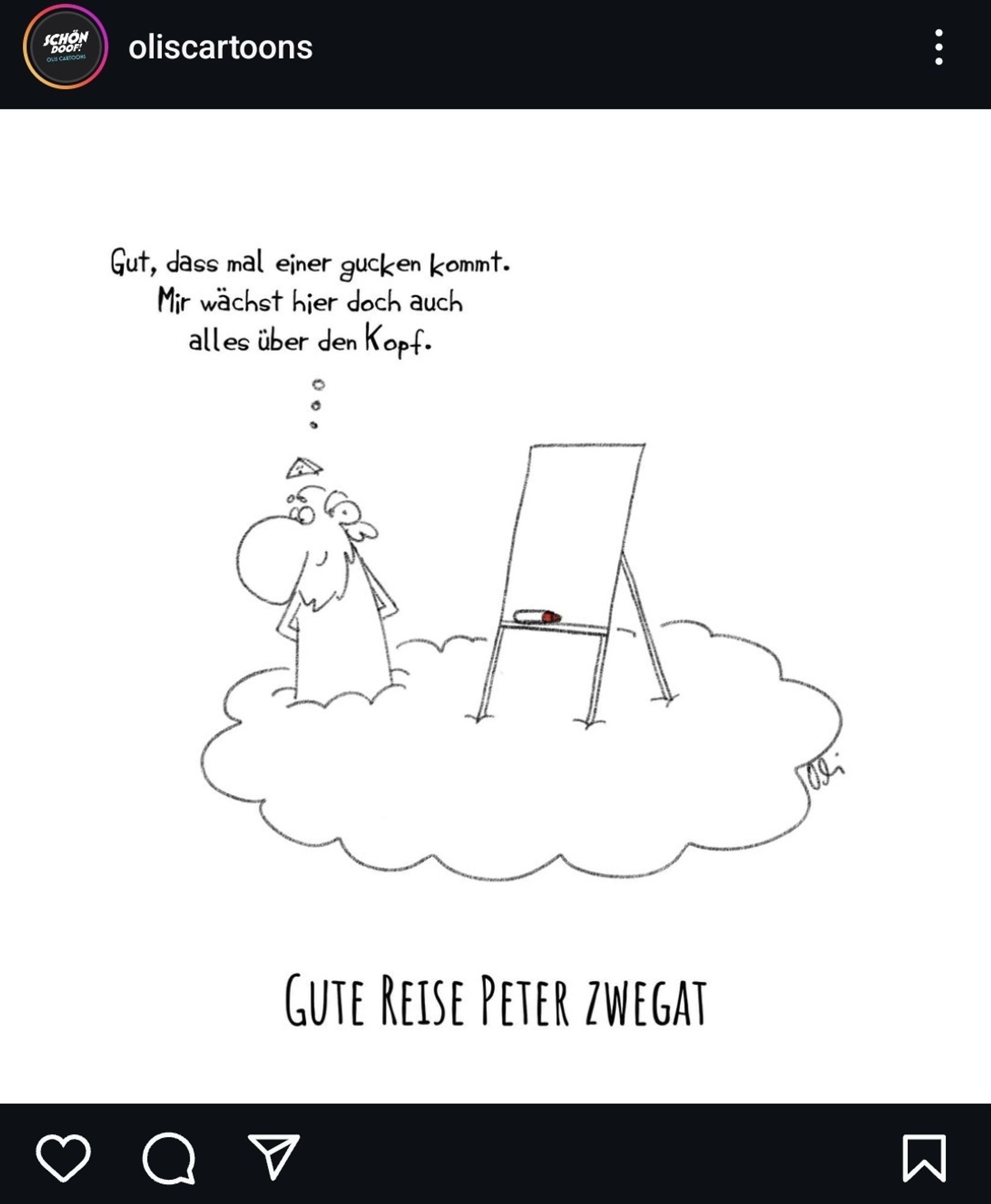 Ein Cartoon zeigt Gott stehend auf einer Wolke neben einem Flipchart.