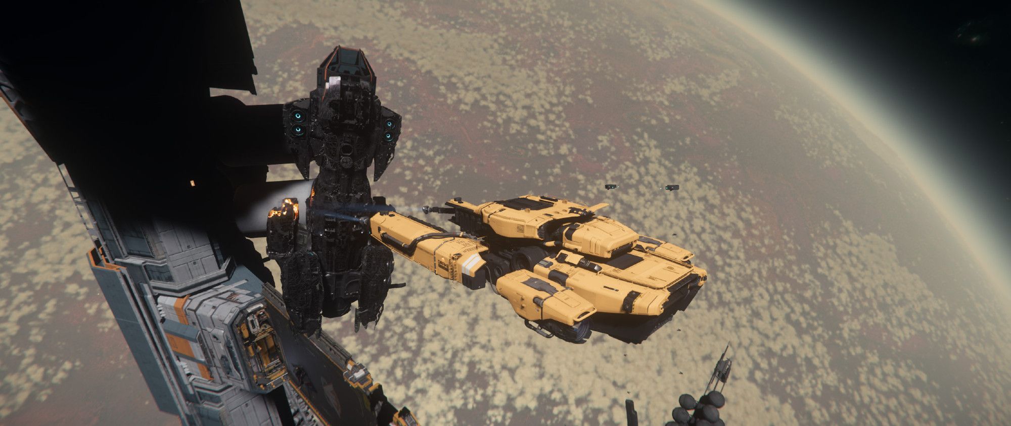 A construction-equipment yellow spaceship scraping hull plating off a larger derelict ship using lasers. A low-orbit space station is in the mid-distance. A planet is in the background.