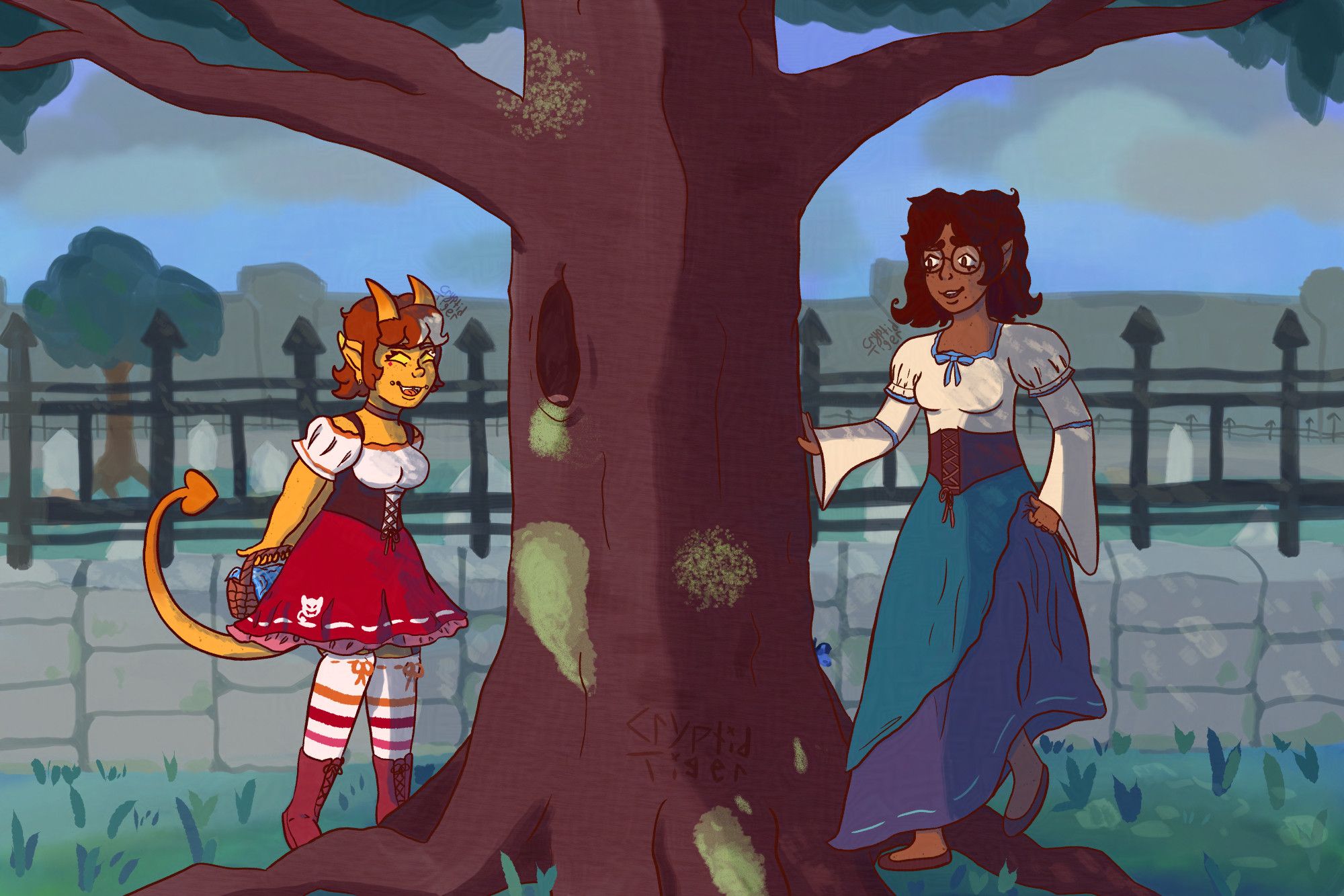 A shaded digital illustration of CryptidTiger's OCs on a picnic date by a large tree, which separates them. On the left side is a tiefling woman named Kihdavora, who holds a picnic basket. On the right side of the tree, her half-elf wife Gaeri is walking over tree roots to meet her. The shading on both girls and the background showcases the light peeking through the tree's leaves. The tree is covered in moss, and in a large hole on the left a worm is hiding. A blue butterfly rests on the right side of the tree near Gaeri. In the background, a slightly mossy half-wall made of cobblestone and iron spikes separates the women from the graveyard. Beyond the graveyard is the other side of the fence and a large wall that borders the town. The sky is cloudy as if rain is coming. CryptidTiger's username is carved into the tree bark.