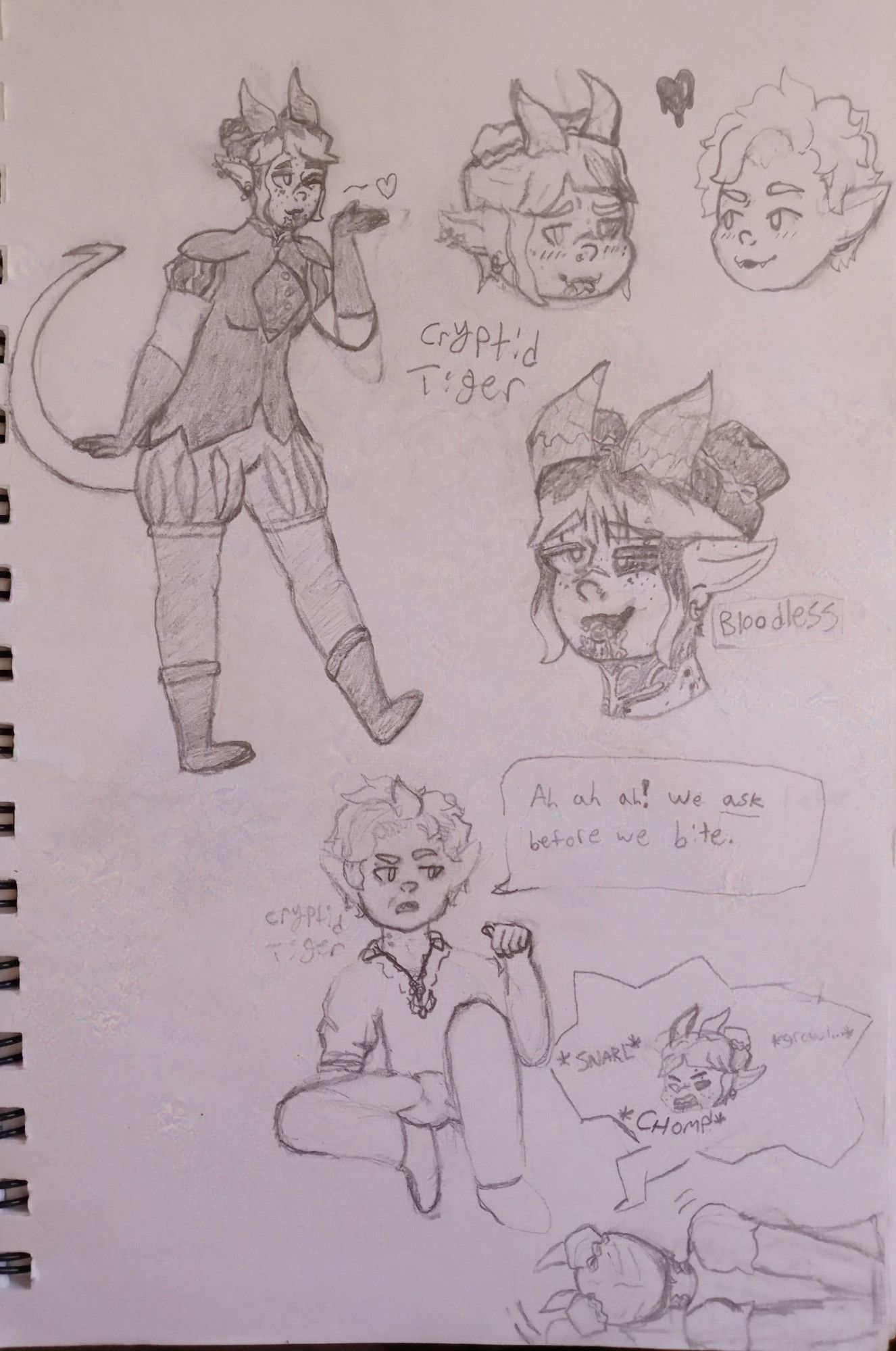 A traditional sketchpage drawn in pencil of Cryptid's BG3 OC Snake Eyes, featuring some sketches of Astarion as well. Snake Eyes is a tiefling bard with mismatched eyes, freckles, a neck tattoo, and a nose scar. Their dark bicolored hair is in buns with braids at the base on the top of their head. From left to right, the sketchpage shows a fullbody drawing of Snake Eyes in a flirty pose blowing a kiss with a wink. To the right, two chibi heads of Snake Eyes and Astarion with a bloody dripping heart between them. Both characters are blushing. Below that sketch is a more detailed headshot of just Snake Eyes with the Bloodless status next to them. Their neck has puncture wounds and they look woozy and are drooling a bit. Below that drawing is Astarion sitting with Snake Eyes tied up growling, saying "Ah ah ah! We ask before we bite."