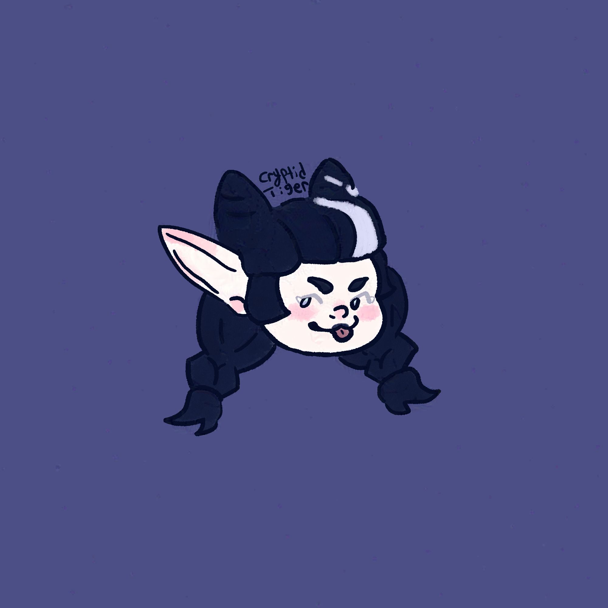 A simple icon of Ginnevyd. Her head floats with her hair against a plain purple background, and she has a mischievous grin on her face with her tongue sticking out. Her long pointy ears stick out from her dark hair.