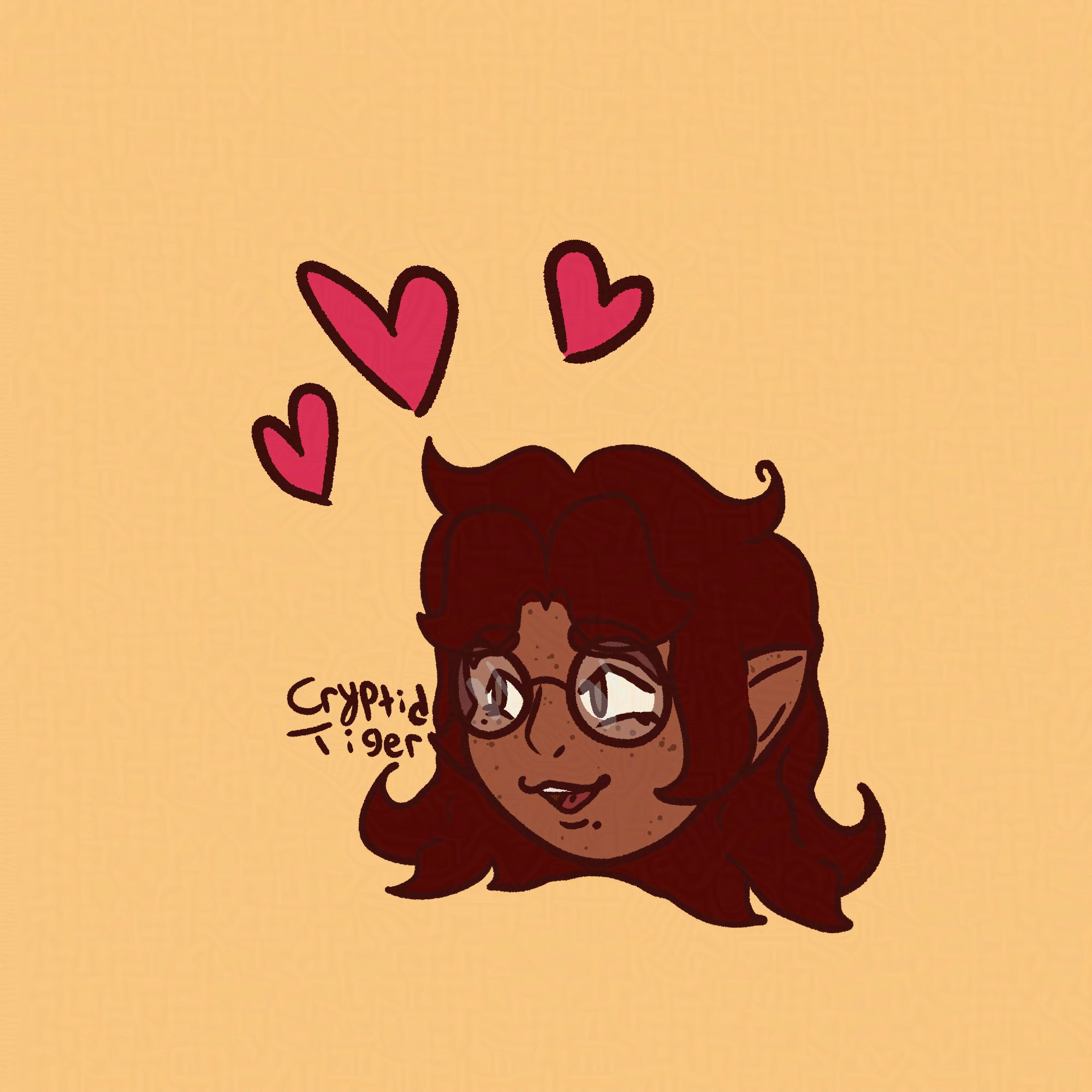 An icon of just Gaeri. Gaeri is a warm tan half-elf, also with freckles, as well as a few moles. She wears large, round-framed glasses, and has light brown eyes. Her dark reddish-brown hair is in a slightly longer bob style, and it's very wavy. She is smiling and looking towards the left of the image. She also has three hearts above her head.