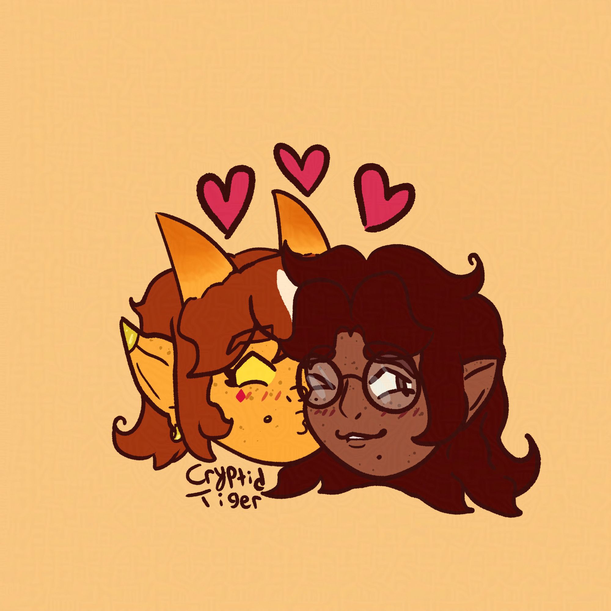 A digital icon of Tiger's two couple OCs, Kihdavora and Gaeri. Kihdavora is kissing Gaeri on the cheek, partly obscured by her wife. Gaeri is looking away and scrunching her face up and biting her lip, trying to hold back a giggle. Both women are blushing. There are three hearts above their heads.