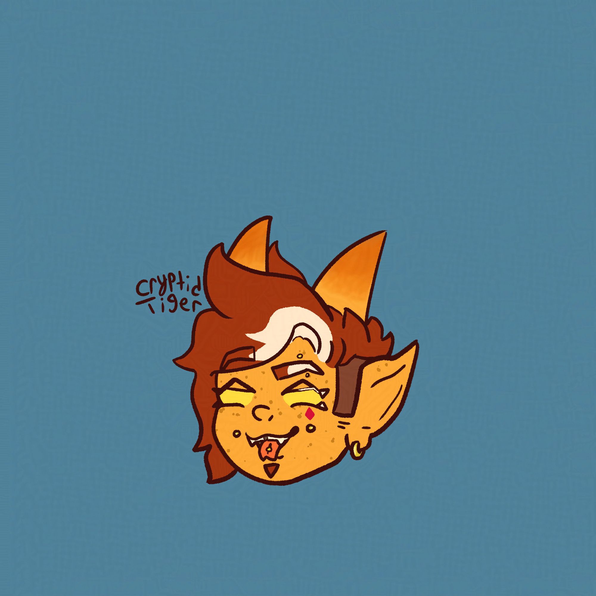 An icon of Tiger's OC Dechadai. He's a yellow-orange tiefling with freckles, and half-shaved medium-length ginger hair with a white stripe on his left side of it. The lack of color also extends to about half of his left eyebrow and eyelashes. He has no discernible pupils or irises, just yellow sclera. He has a cocky look on his face, with his forked tongue sticking out, revealing the piercing in it. He also has two dimple piercings, an eyebrow piercing on his left brow, and a single small hoop ring on his earlobe. He has a red diamond tattoo below his left eye.