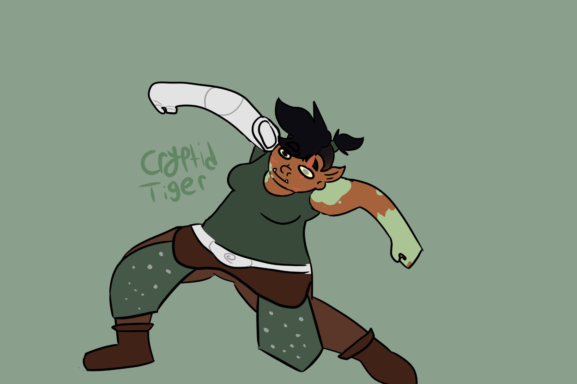 A digital doodle of Cryptid's OC Rhe'ngar in Marge Simpson's krump meme pose. Rhe'ngar is a copper-skinned half-orc with green piebald splotches. Her right arm (viewer's left) is a metal armor prosthetic. She has various facial scars. She is wearing a green sleeveless shirt with brown leather pants and green studded leather pieces that hang over her legs. She is also sporting leather boots and a silver belt.