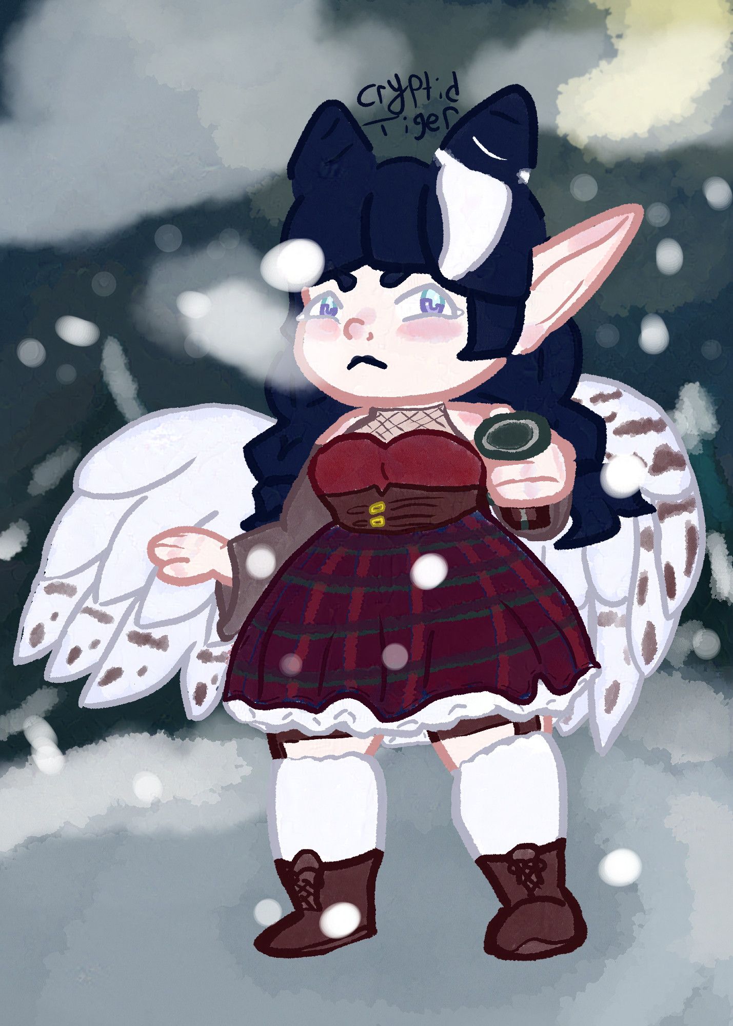 A fullbody painted chibi of a fairy, Ginnevyd, with snowy owl wings holding a flintlock gun towards the viewer. She is wearing a red dress with a plaid patterned skirt, and a cincher corset with decorative buckles. Underneath her dress is a shirt that has mesh leading up from the bust to the collar, and then connects to long tan sleeves that fall off the shoulder and flow loosely around the wrists. She is wearing lacy white knee-high socks with garters, and ankle high brown boots. She has black hair with a white streak in the bangs that lead back a bit, and it is pulled up into cone-shaped buns on top and short braids on the bottom. She has light blue and lavender eyes, pale skin with a rosy blush, black lipstick and white eyelashes. She is looking with a serious expression at the viewer and stands against a painted snowy night background.