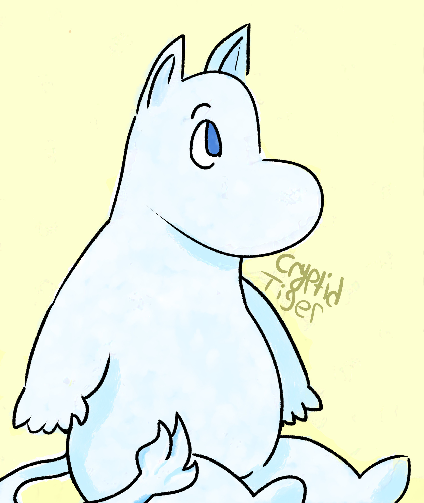 A fullbody shaded digital painting of Moomincow from the series The Moomins. He is sitting facing the right, against a pastel yellow background. The brush used gives him a very soft look.