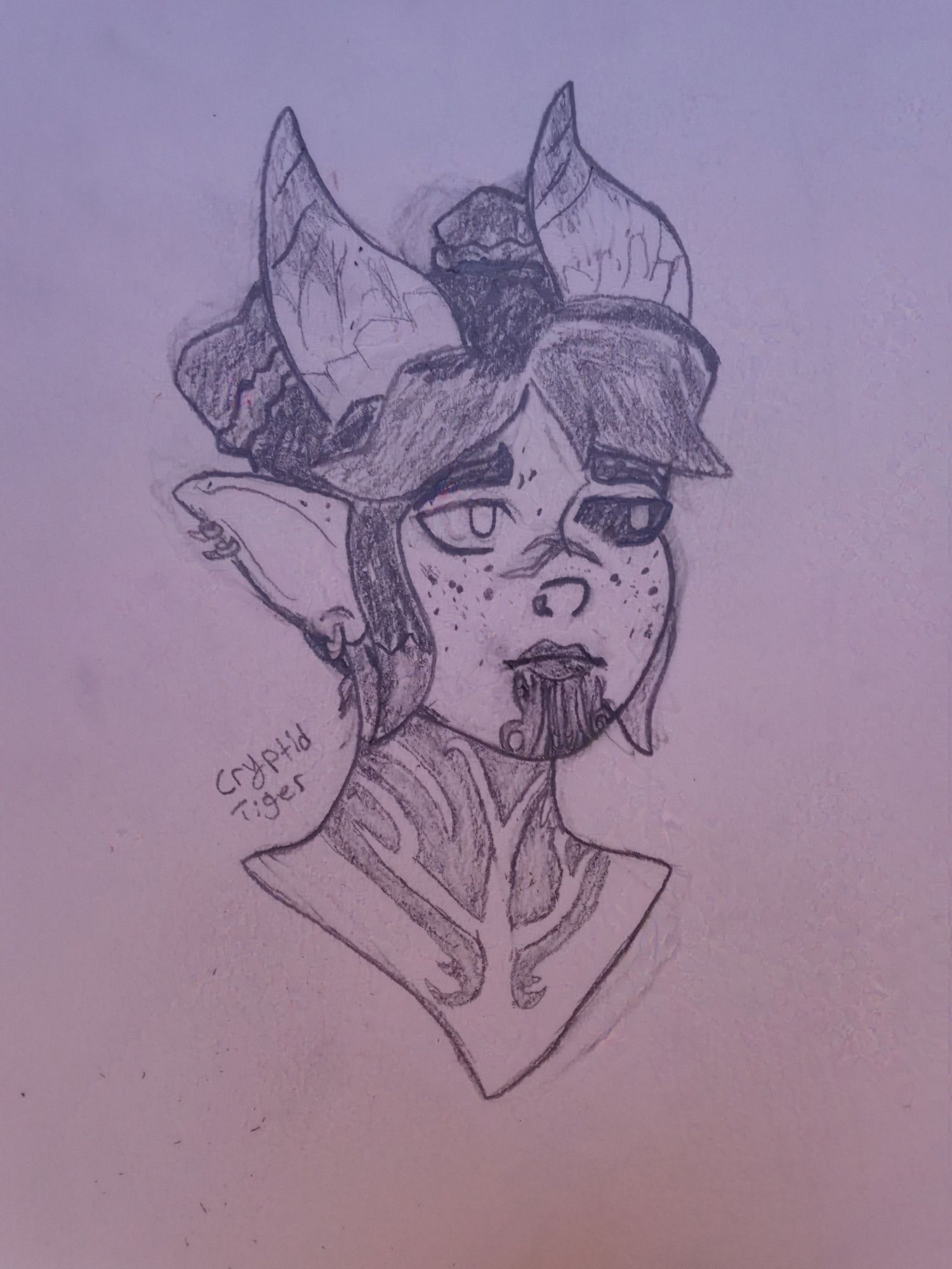 A traditional pencil bust sketch of Cryptid's BG3 OC, Snake Eyes. Snake Eyes is a tiefling with bicolored medium horns that curve upwards and slightly to the back. They have various piercings on their ears, as well as a nose ring. Their face is covered in freckles and a jagged nose scar, and they have a very prominent neck/face tattoo that has a bunch of lines made with negative space. They have mismatched eyes; one that looks like a normal human eye, and one with a black sclera. They have a look of concern on their face and are glancing to the right of the paper. Their two-toned hair is in buns secured/decorated at the base with braids.