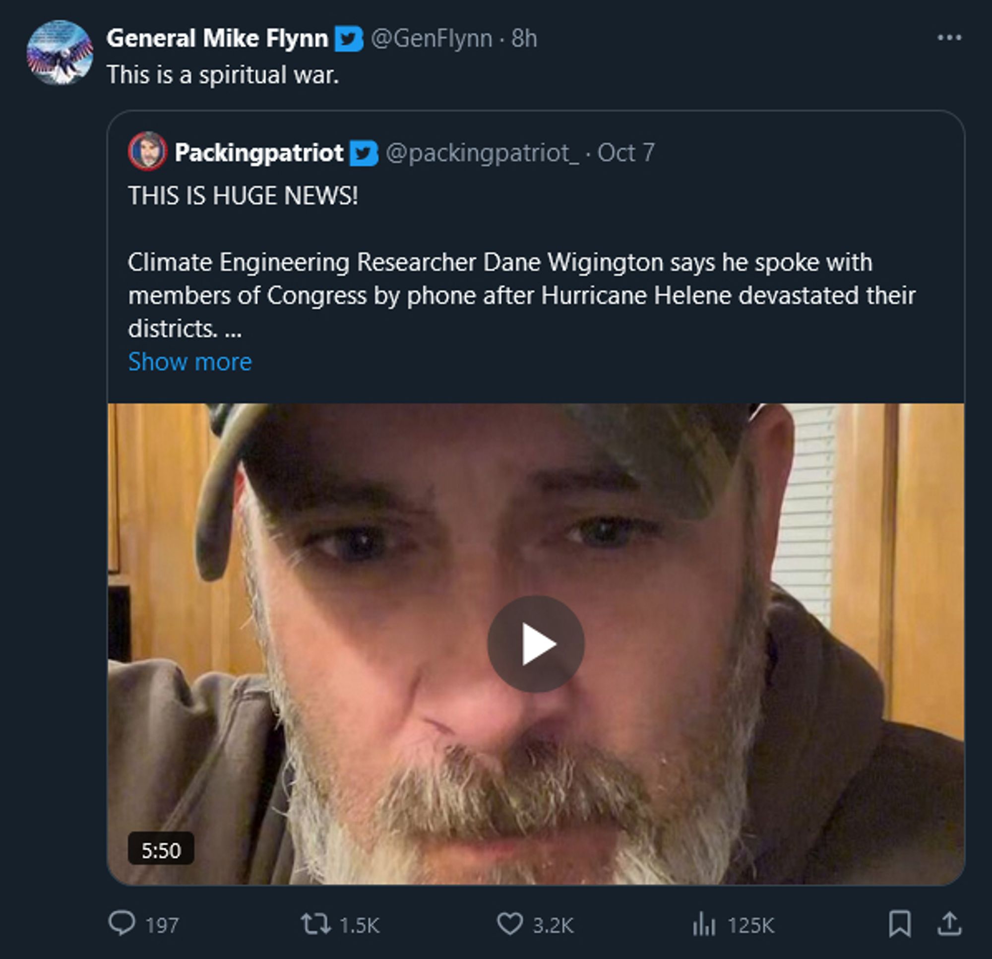 A Twitter post by General Mike Flynn sharing a video that claims Hurricane Helene was caused by weather manipulation. The video features multiple senators and representatives of North and South Carolina agreeing with this claim.