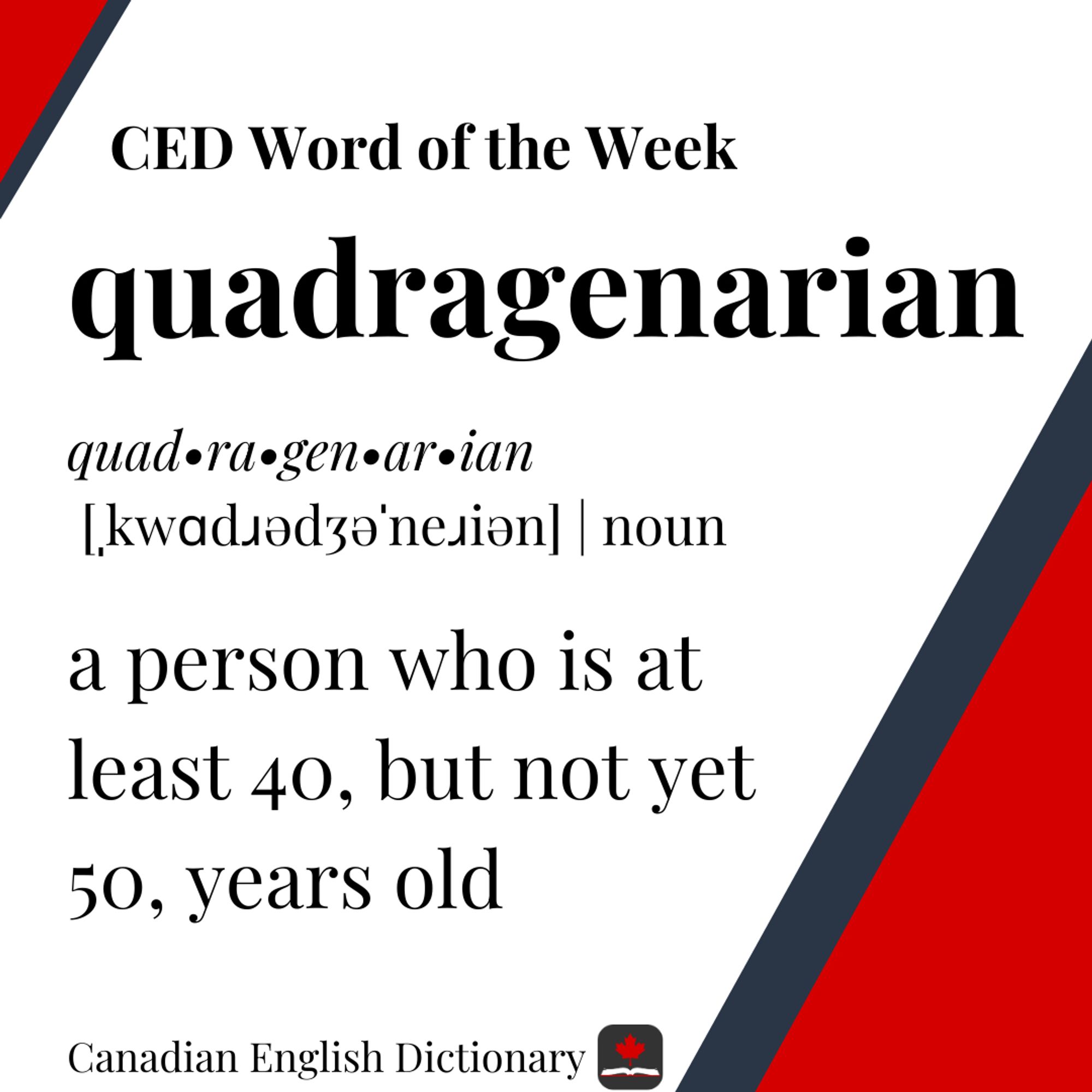 Definition of quadragenarian on white background with red and grey accents in the corners.