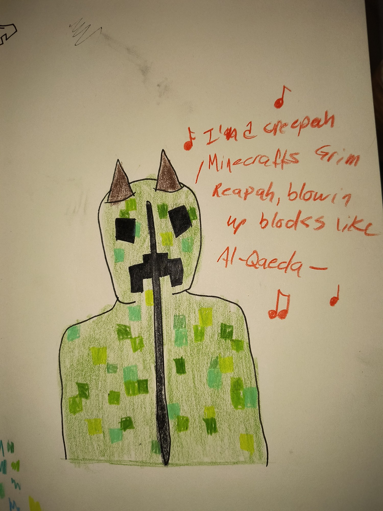 A drawing of Tord Eddsworld wearing a sweater of a creeper from Minecraft that zips up to the head. It is fully zipped up, and he is singing the Minecraft creeper song, the written lyrics consisting of "I'm a creepah, Minecrafts grim reapah, blowin up blocks like Al-Qaeda-"