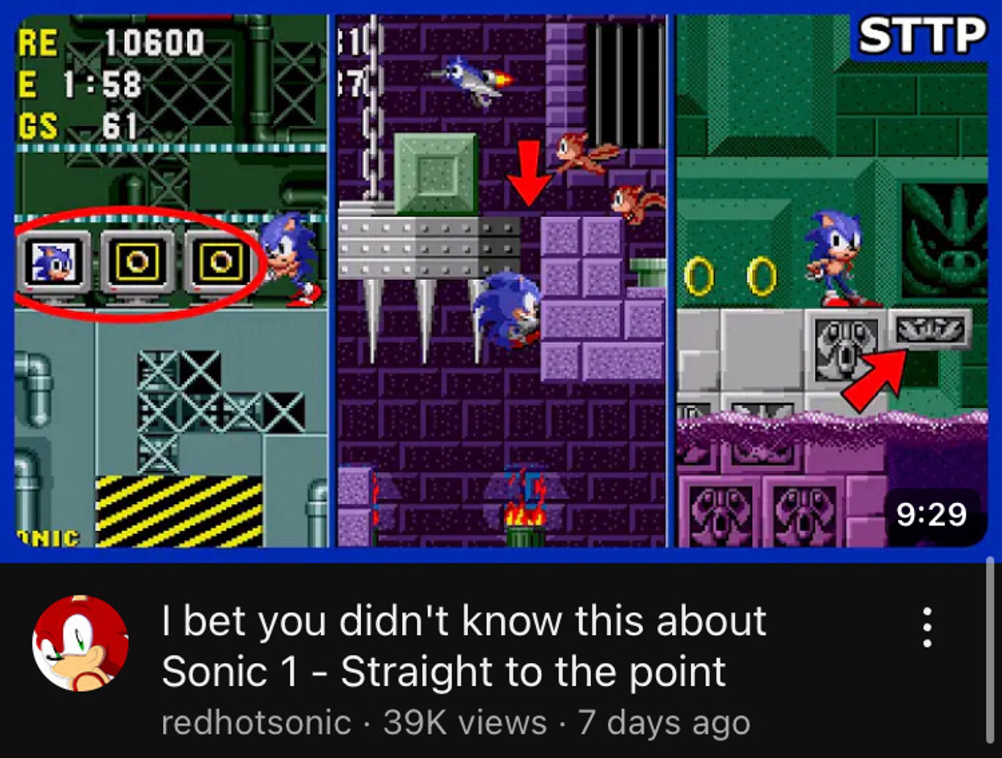 youtube video showing three sonic 1 screenshots with red circles and arrows calling attention to various things 

I bet you didn't know this about Sonic 1 - Straight to the point
redhotsonic • 39K views • 7 days ago