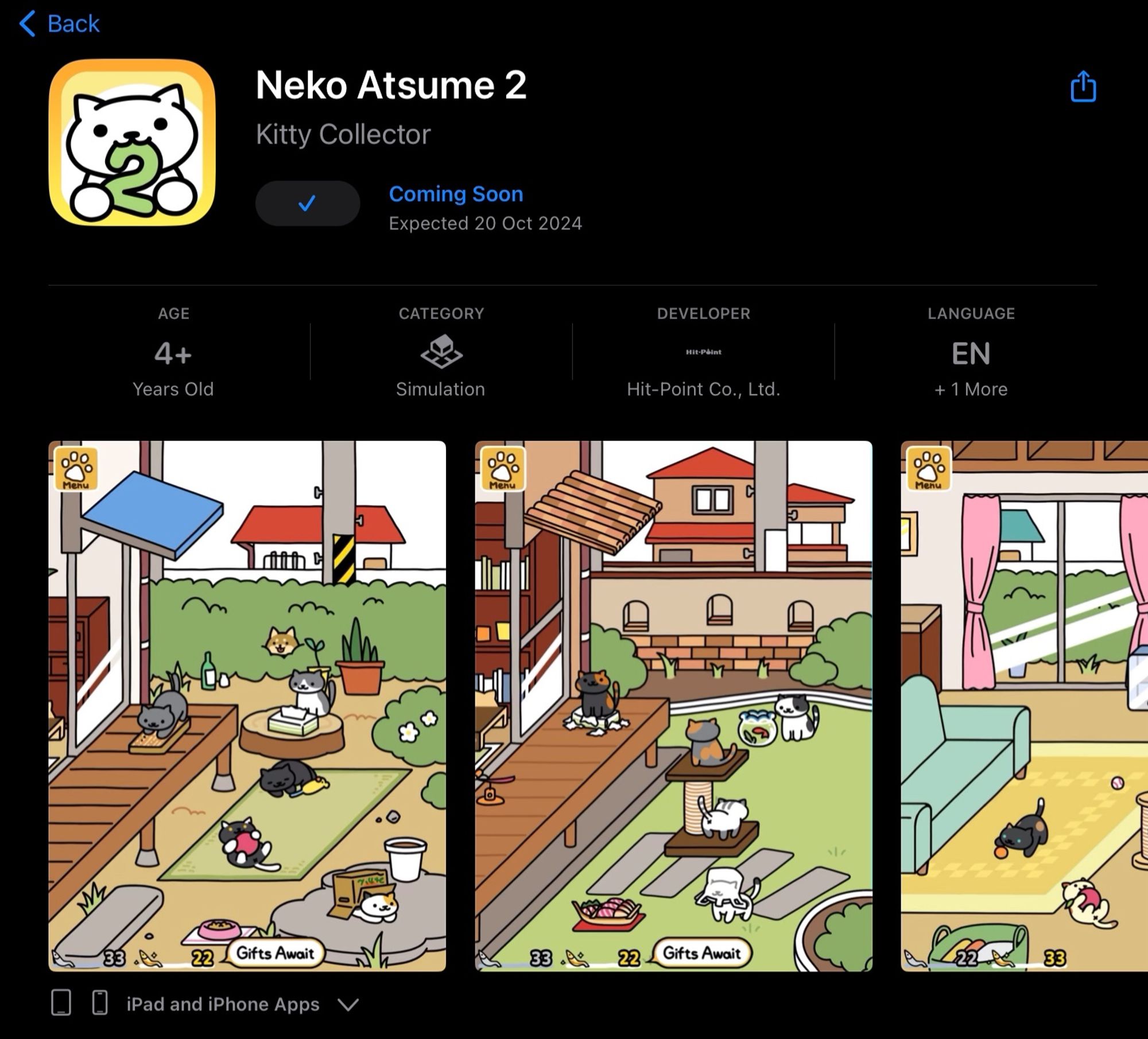 Screenshot from the App Store, showing Neko Atsume 2 and it’s release date of October 20th.