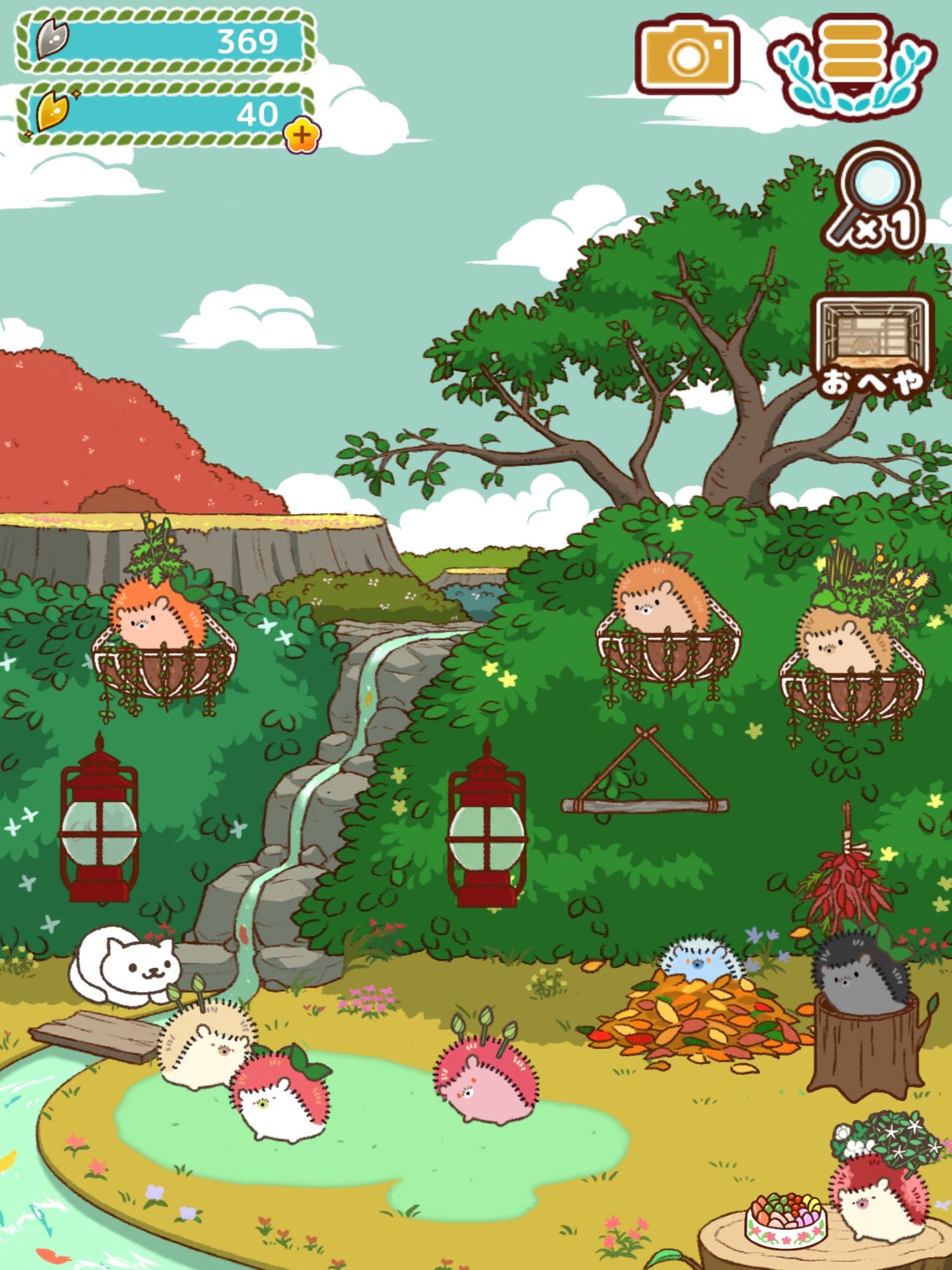 A screenshot from the mobile game HanaNezumi, a game where you collect cute cartoon hedgehogs to help you grow flowers.