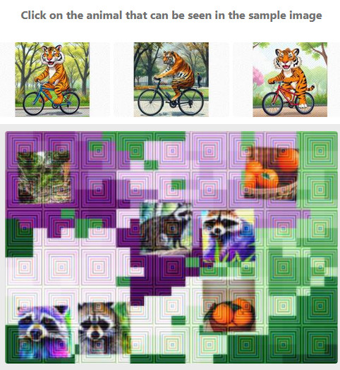 A captcha with text reading "Click on the animal that can be seen in the sample image." The 3 sample images are a relatively simmilar ai-generated image of a lion riding a bycicle. Below this is a garbled mess of purple, green, and pictures of ai-generated raccoons and oranges.