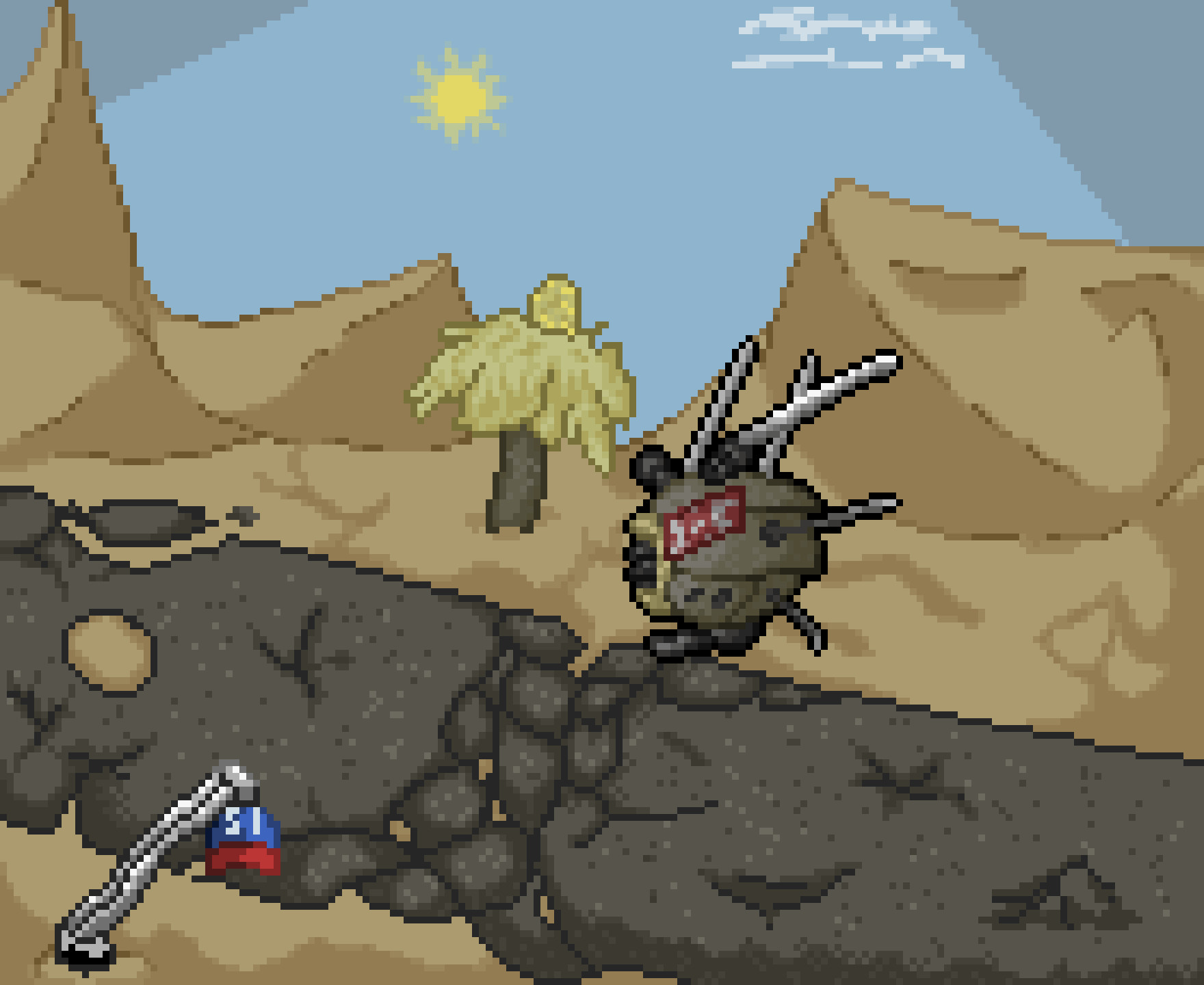 pixel art of a small, floating, round robot with multiple antennae. around him are many dunes and a very dilapidated concerete road. to the right of him, a small palm tree sits still. to the left, a broken interstate 15 sign is barely standing up.