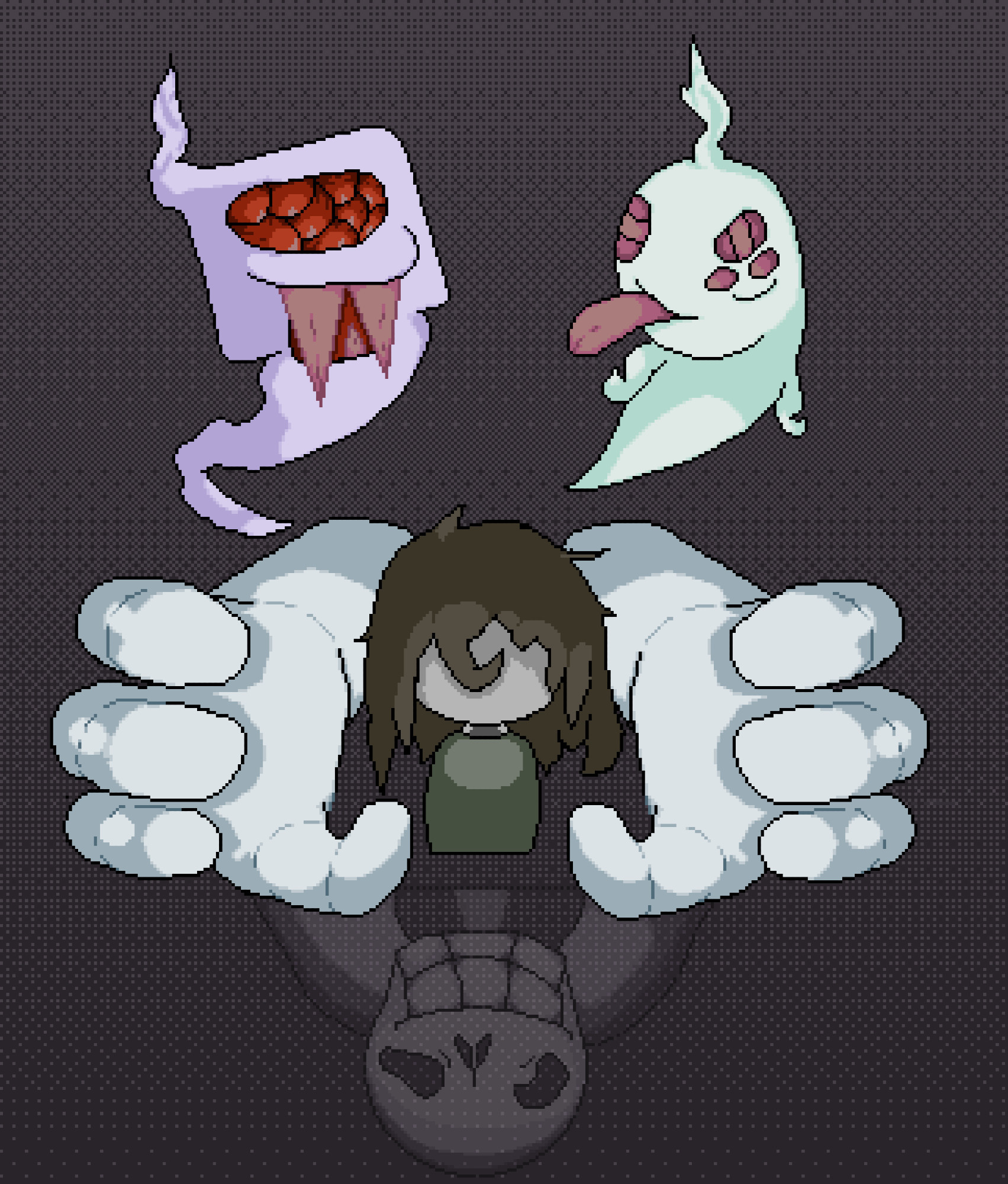 pixel art of: a girl lies in center frame with long hair, being surrounded by 2 ghosts, one square to the left with many eyes, and one round to the right four eyes. directly beside her are two upside down hands reaching out to grab her and beneath the hands another ghost seems to be controlling the afformentioned hands.