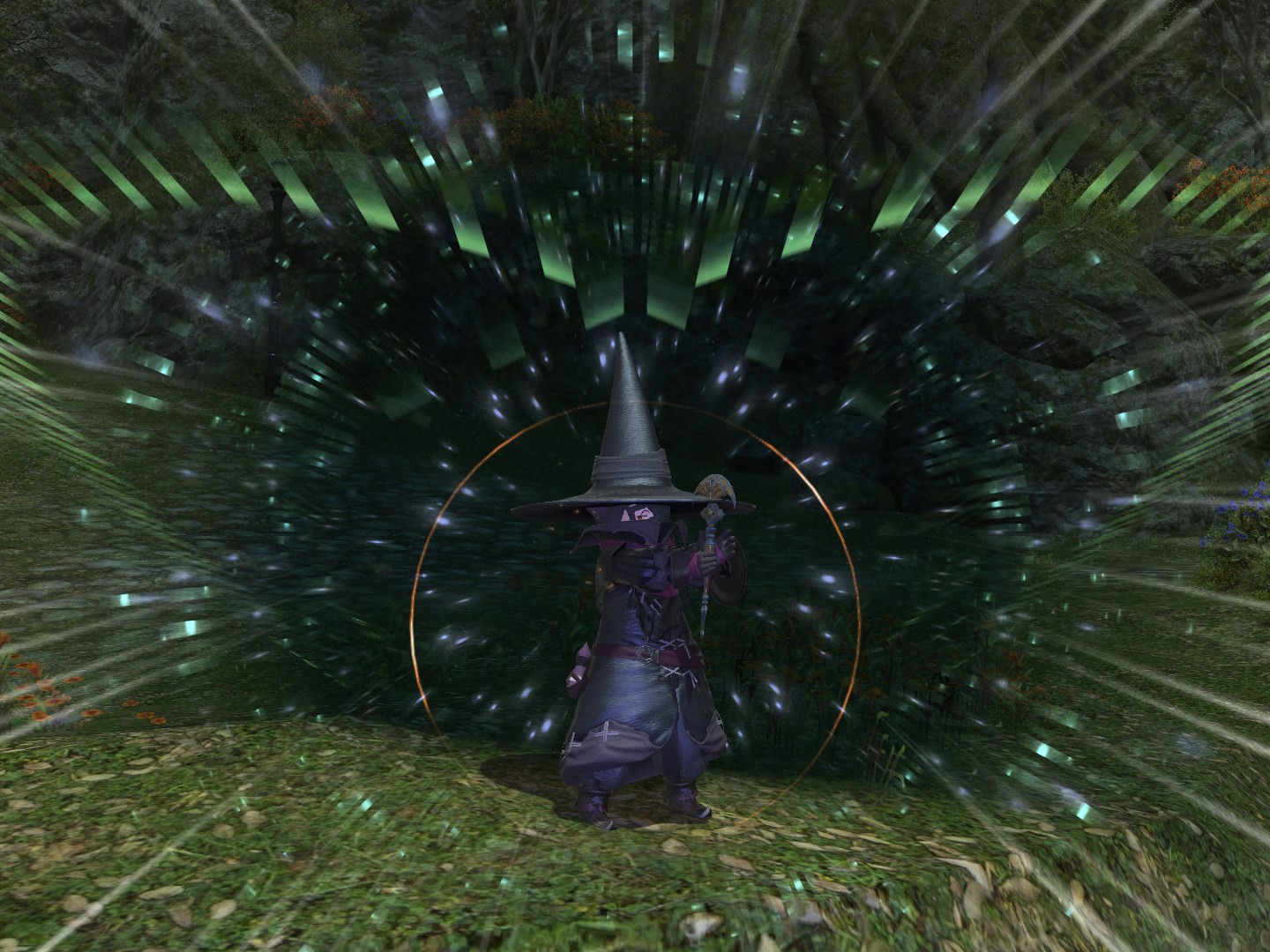 a screenshot of ffxiv. a short lalafel wearing wizard robes is surrounded by magical effects on a cliffside.