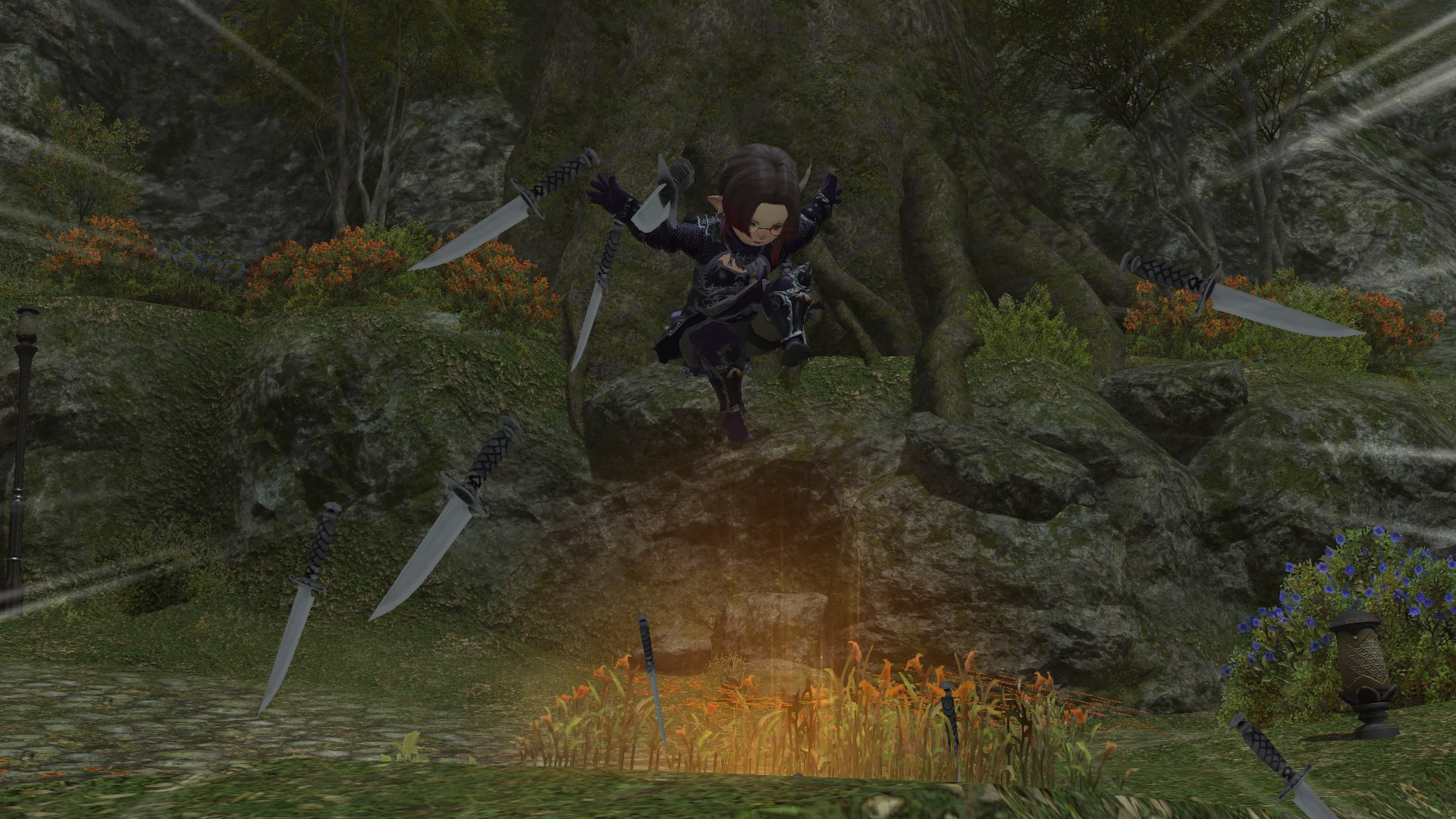 a screenshot of ffxiv. a short lalafel wearing a typical purple ninja outfit is throwing knives at the camera on a forested cliffside.