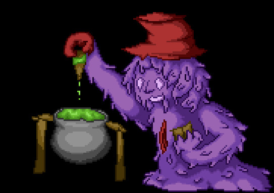 pixel art of a purple slime witch, with a red hat, a hole in her chest, crab claw on her right hand, and brown book adding a bottle of unknown green goo to an already full bubbling cauldron of green goo