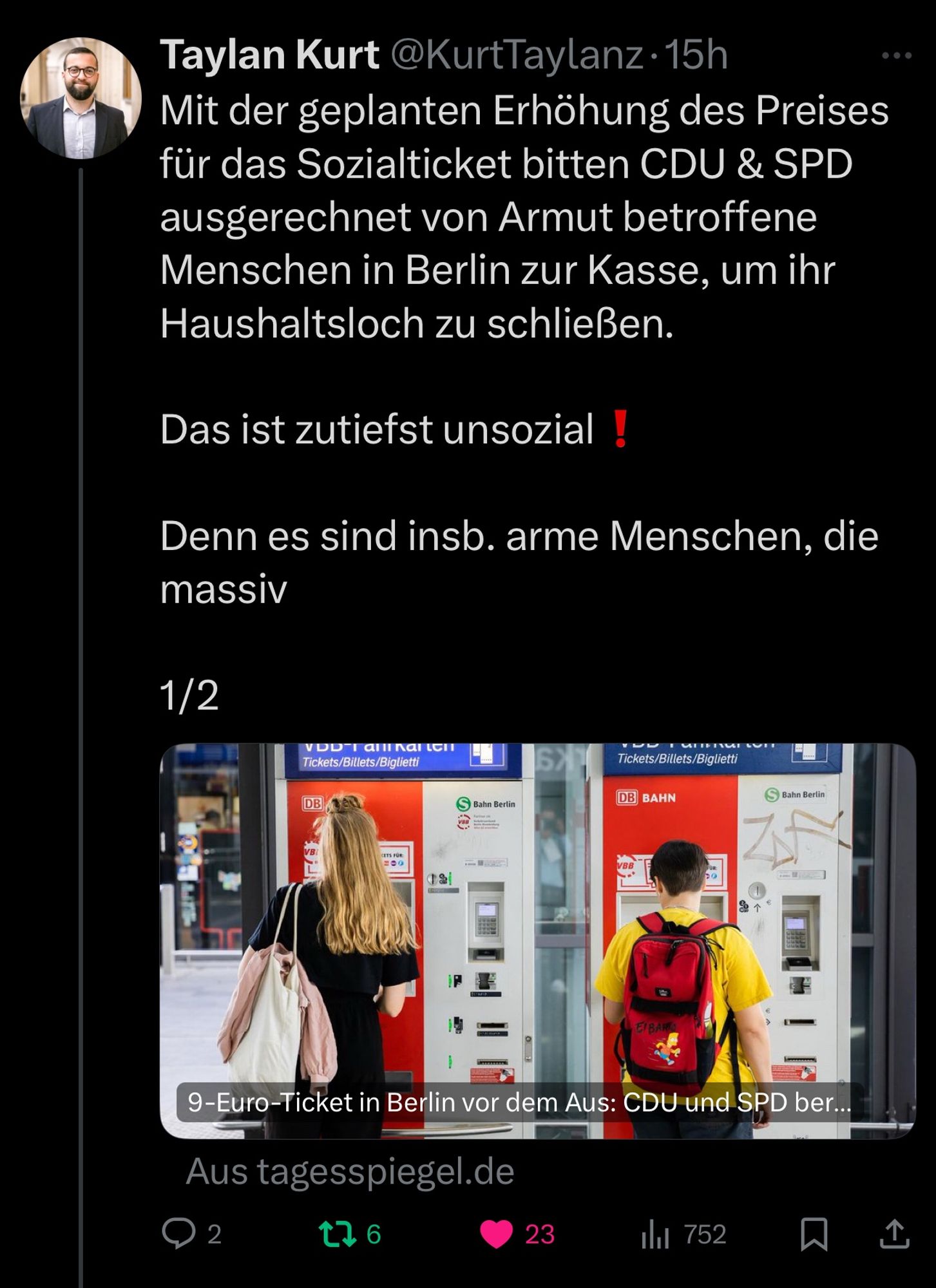 das Sozialticket bitten CDU & SPD ausgerechnet von Armut betroffene Menschen in Berlin zur Kasse, um ihr Haushaltsloch zu schließen.
Das ist zutiefst unsozial !
Denn es sind insb. arme Menschen, die massiv
1/2
Tickets/Billets/Biglietti