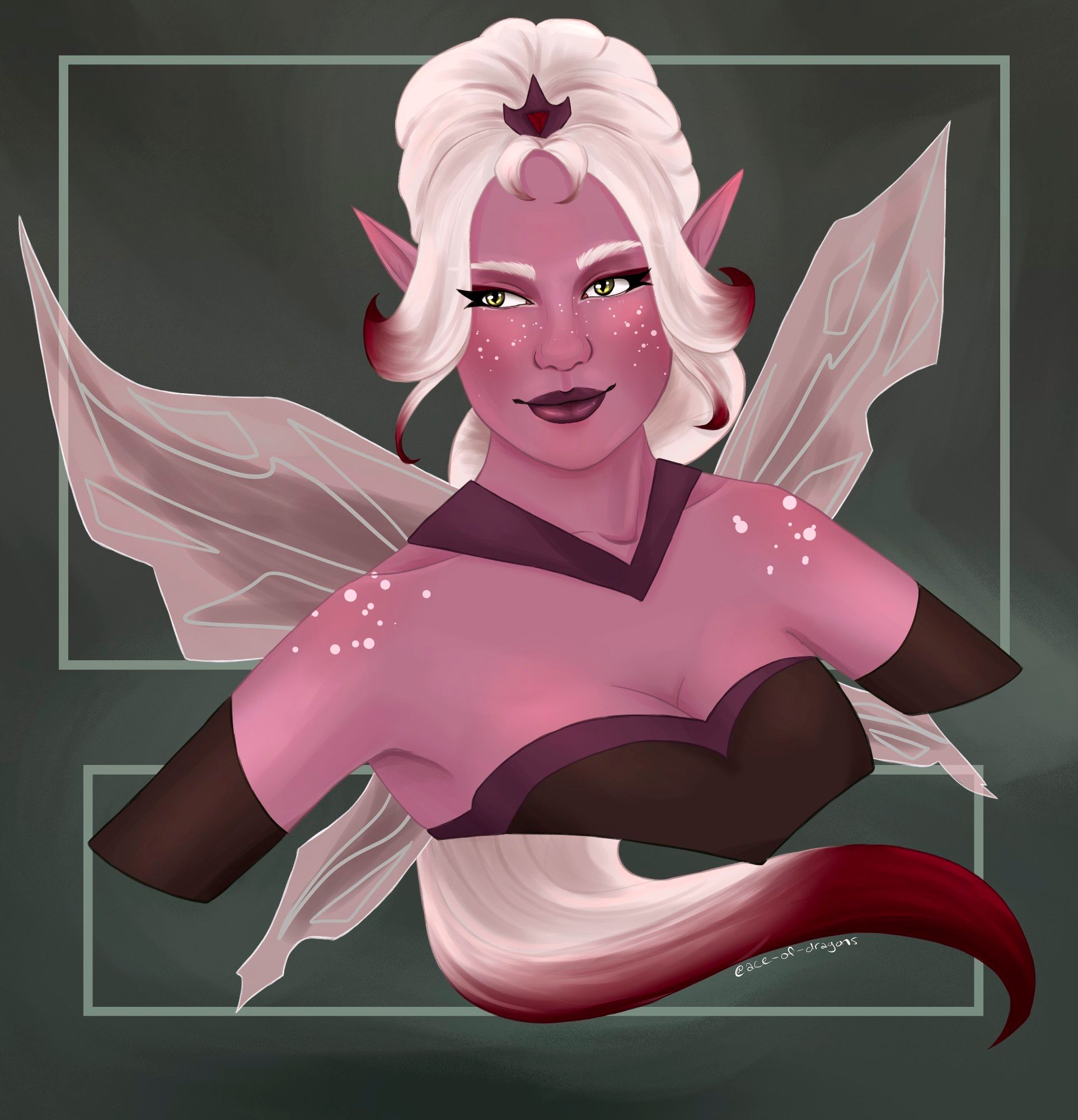 my OC Huntress, a pink faerie with white freckles and white hair tipped in bloodred