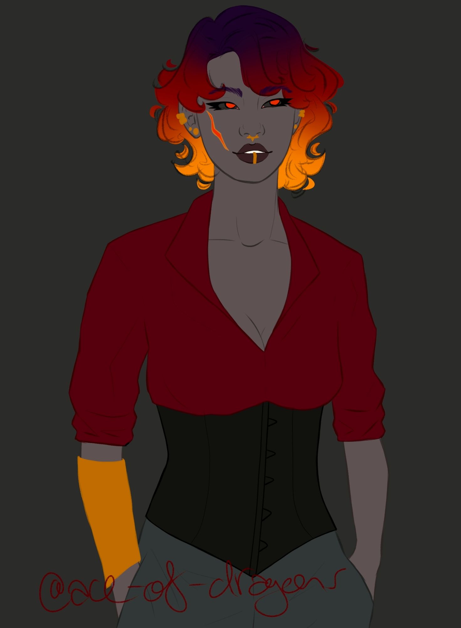 digital art of my OC Ridani, a person with fiery hair and a scar on one cheek. they are wearing a red top tucked into a black corset and grey pants