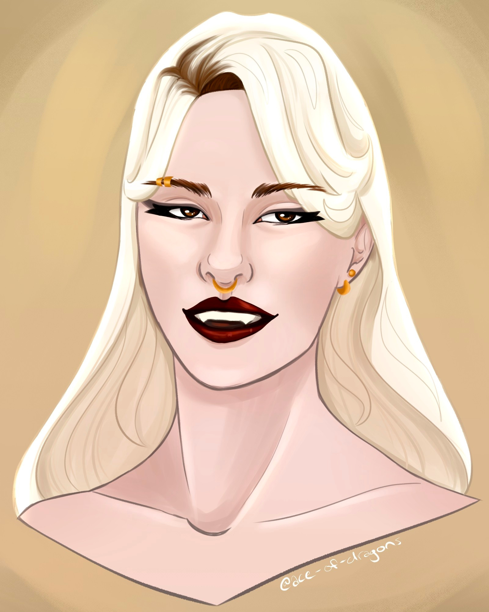 digital art of my OC, Verity, a pale vampire woman with long bleached platinum hair and dark eyes