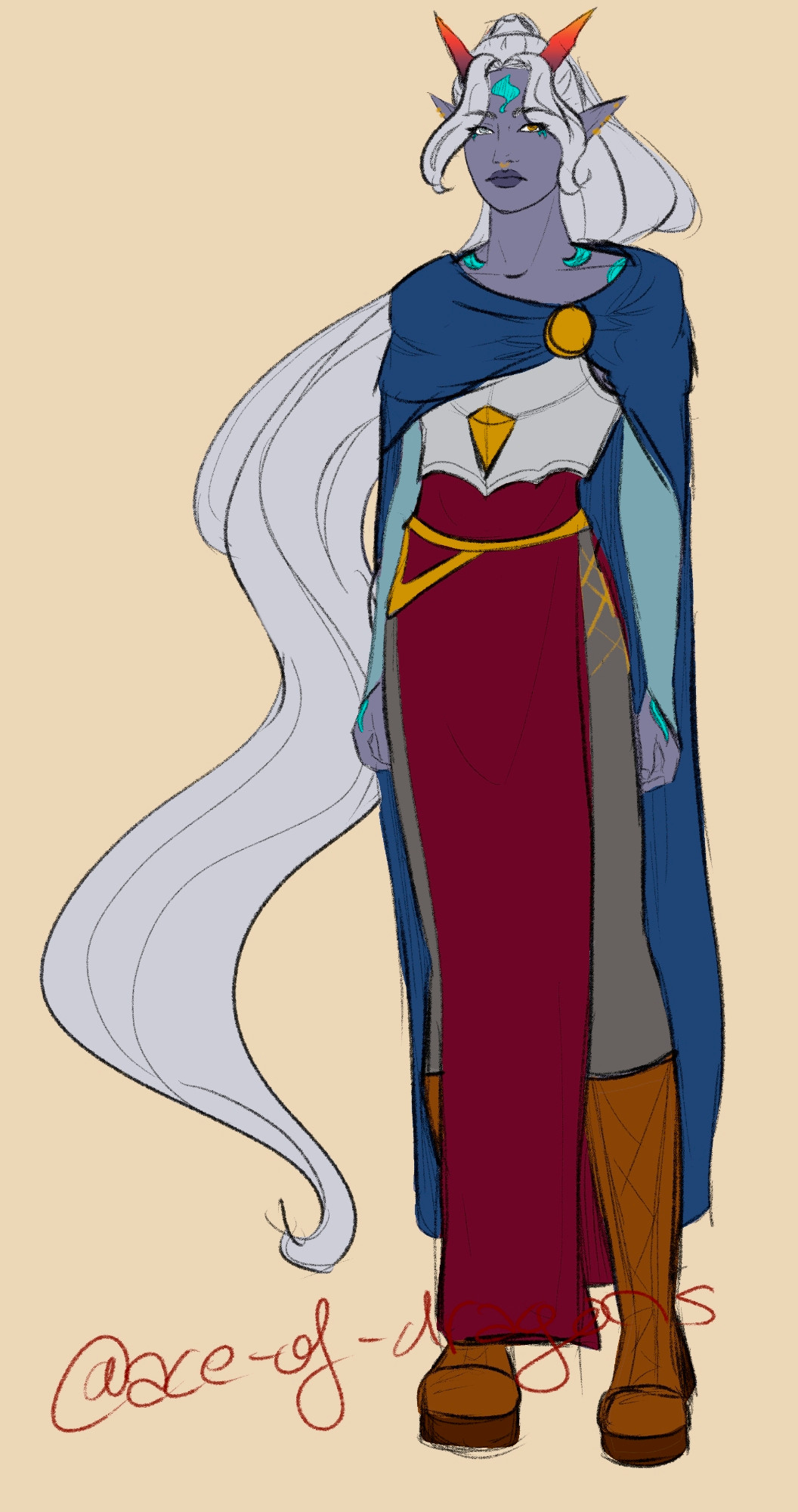 sketch of a purple elven woman with long grey hair and crystalline horns. she is wearing a blue cloak over a silver breastplate, and a pink/red split skirt over dark grey leggings