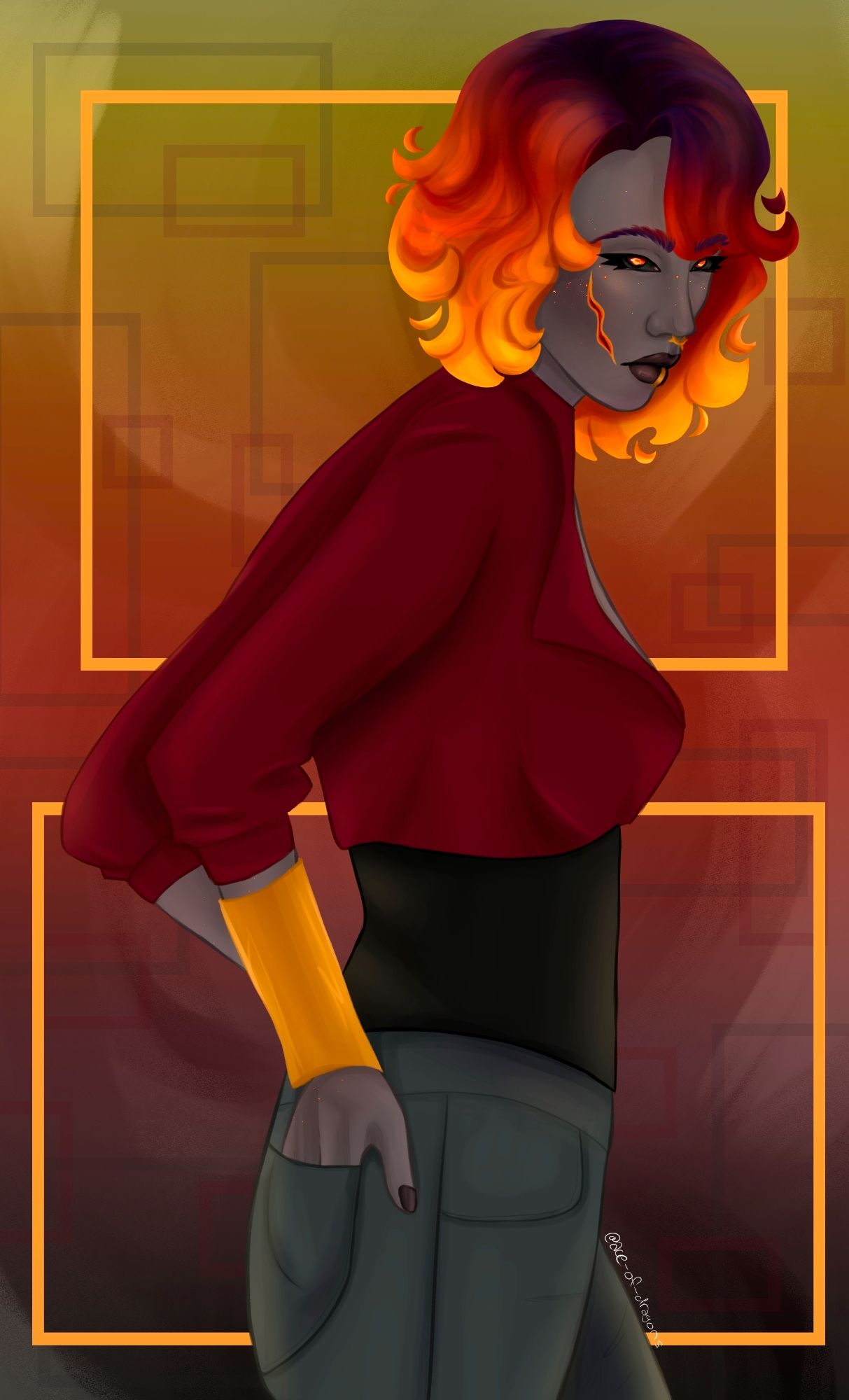 digital art of my OC Ridani, a fiery-haired person with a scar on one cheek. they are wearing grey pants and a red top tucked into a black corset. her hands are in her back pockets, and she has a golden bracer on one forearm