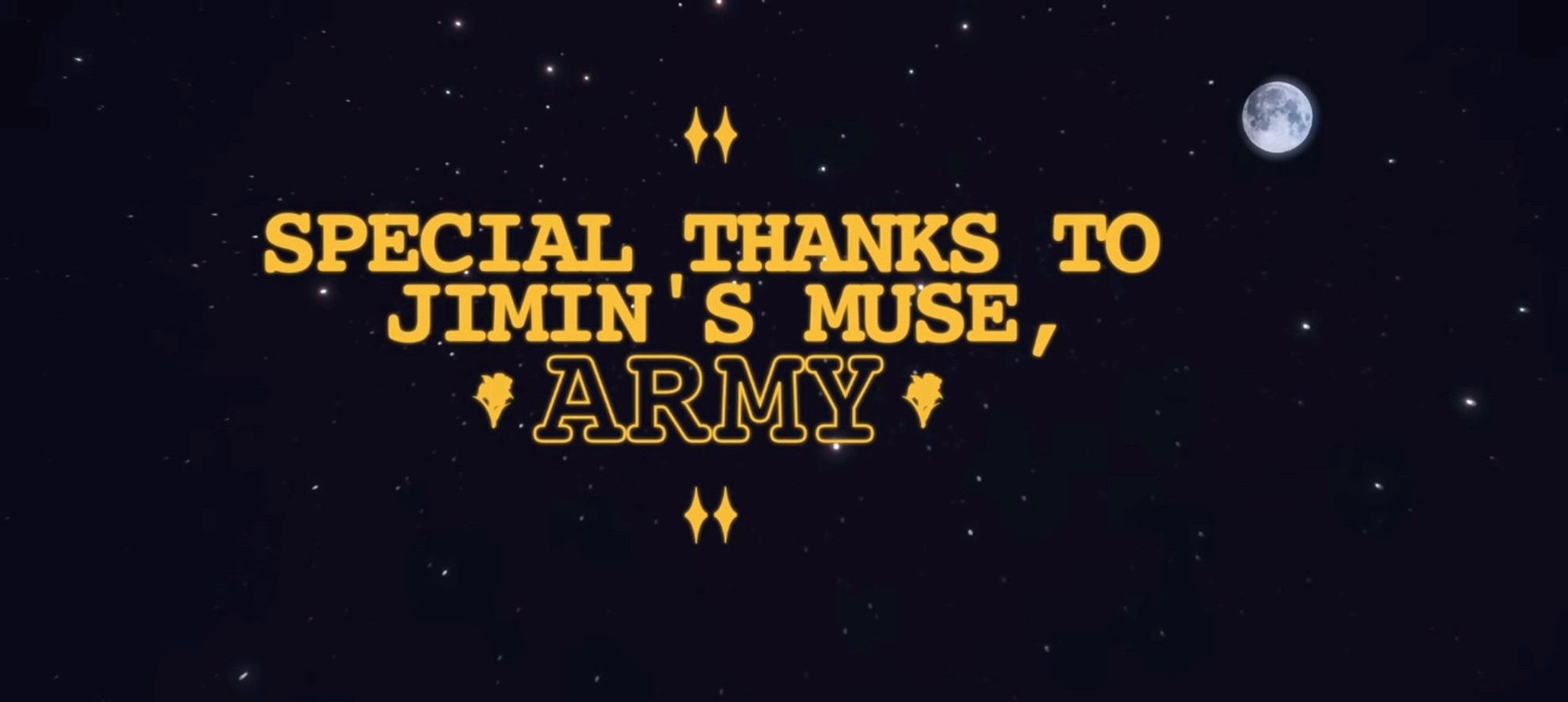 Jimin of BTS expressing his thanks to BTS’s fandom, ARMY, at the end of his Live performance of his songs ‘Rebirth’ and ‘Slow Dance’ from his sophomore album ‘MUSE’.
The caption reads: SPECIAL THANKS TO JIMIN’S MUSE, ARMY