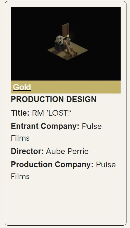 The music video for 'LOST!' by RM of BTS winning GOLD for PRODUCTION DESIGN.
Entrant Company: Pulse Films
Director: Aube Perrie
Production Company: Pulse Films