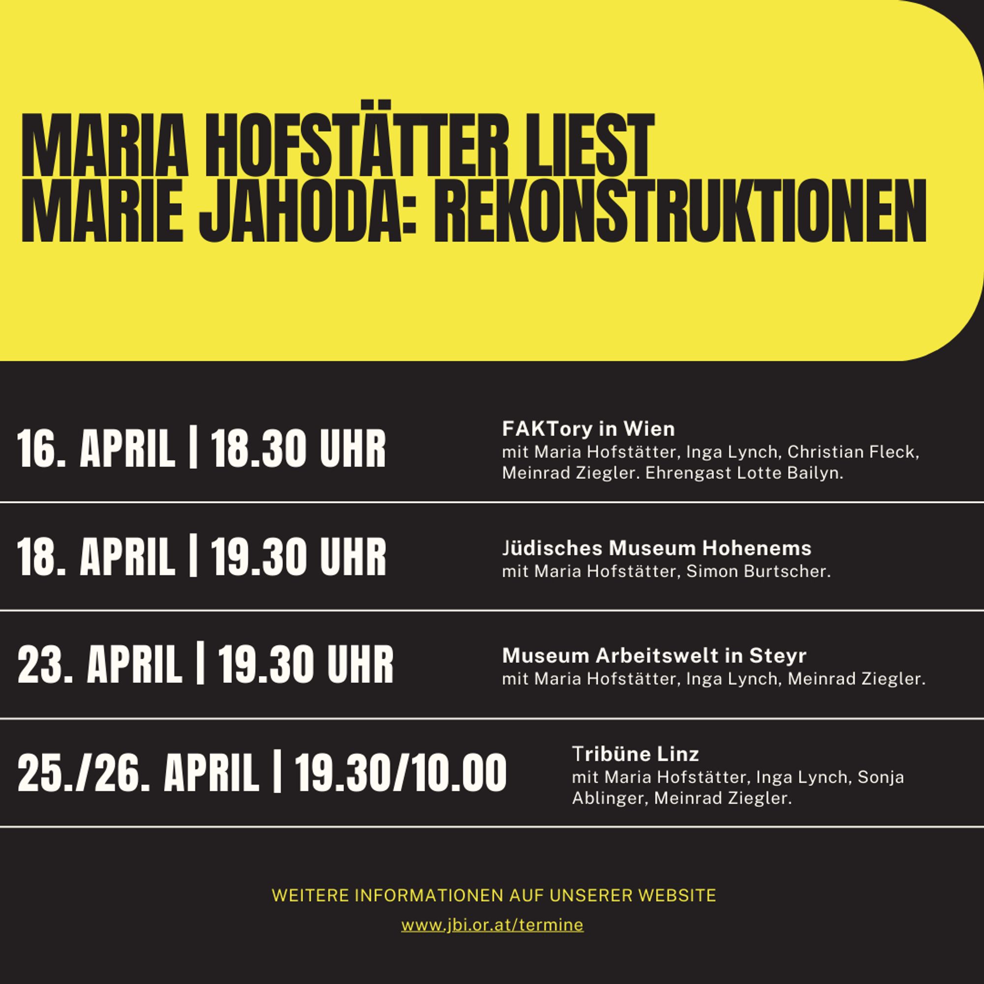 Lesung mit Musik.
Maria Hofstätter liest Marie Jahoda. Inga Lynch begleitet musikalisch.