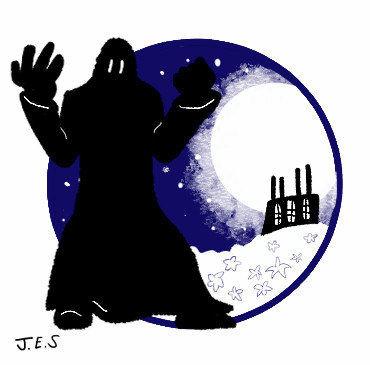 Figure in a black cloak positioned in front of a circle containing the background with a full moon in the night sky, field of white flowers, and a silhouette of a building.