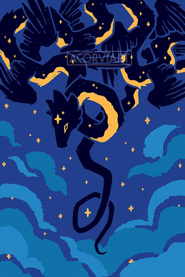 Illustration of a dark blue, multi-winged serpent, coiled to fill the top third of the composition with its tail hanging down to circle a star. The serpent has a golden belly and stars across its back. The background is a starry night with clouds.