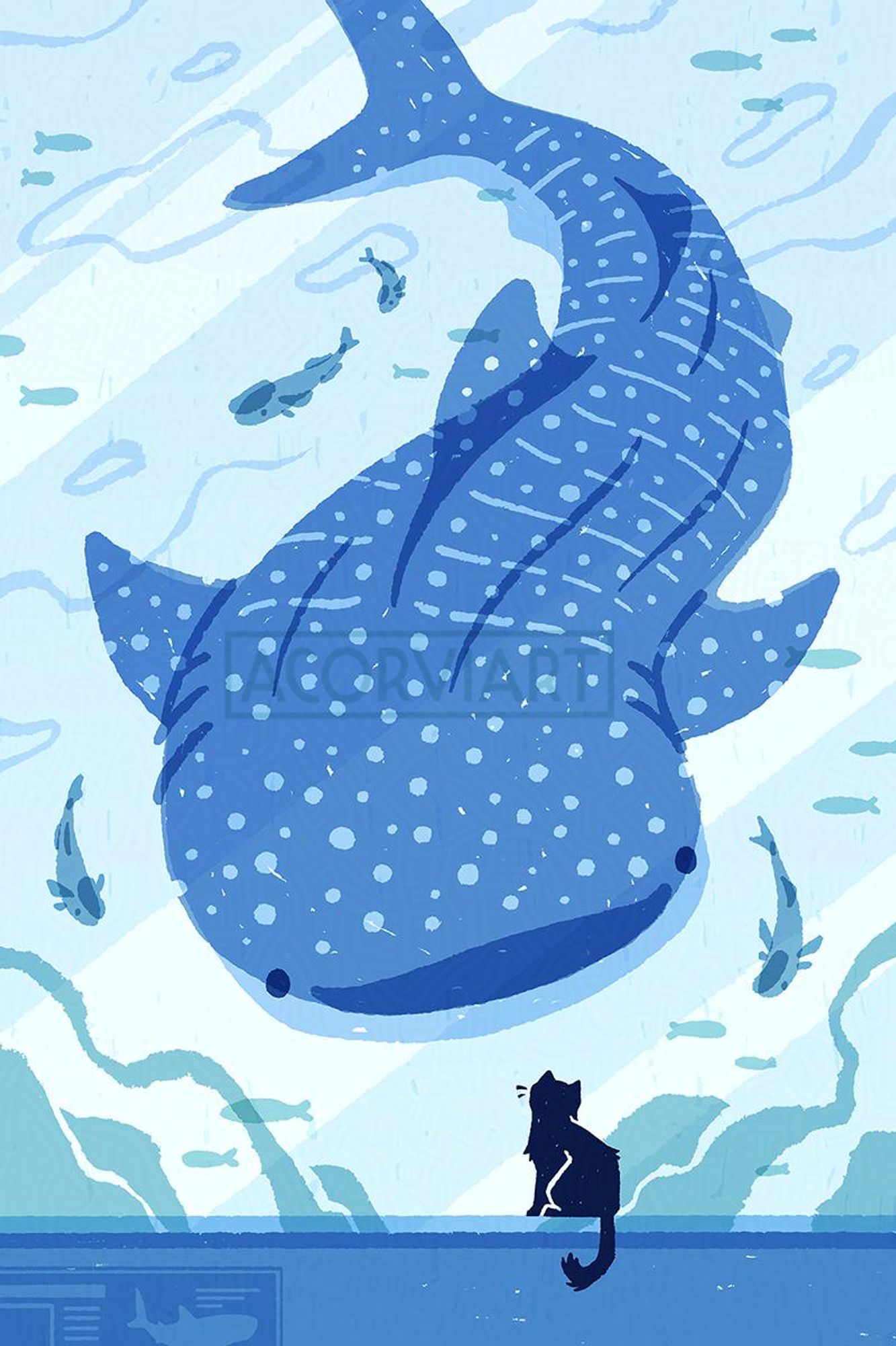 illustration of a whale shark in an aquarium tank meeting a black cat sitting on the bench. remoras are swimming around the shark. the art style is rendered similar to a risoprint or screenprint with overlapping colors