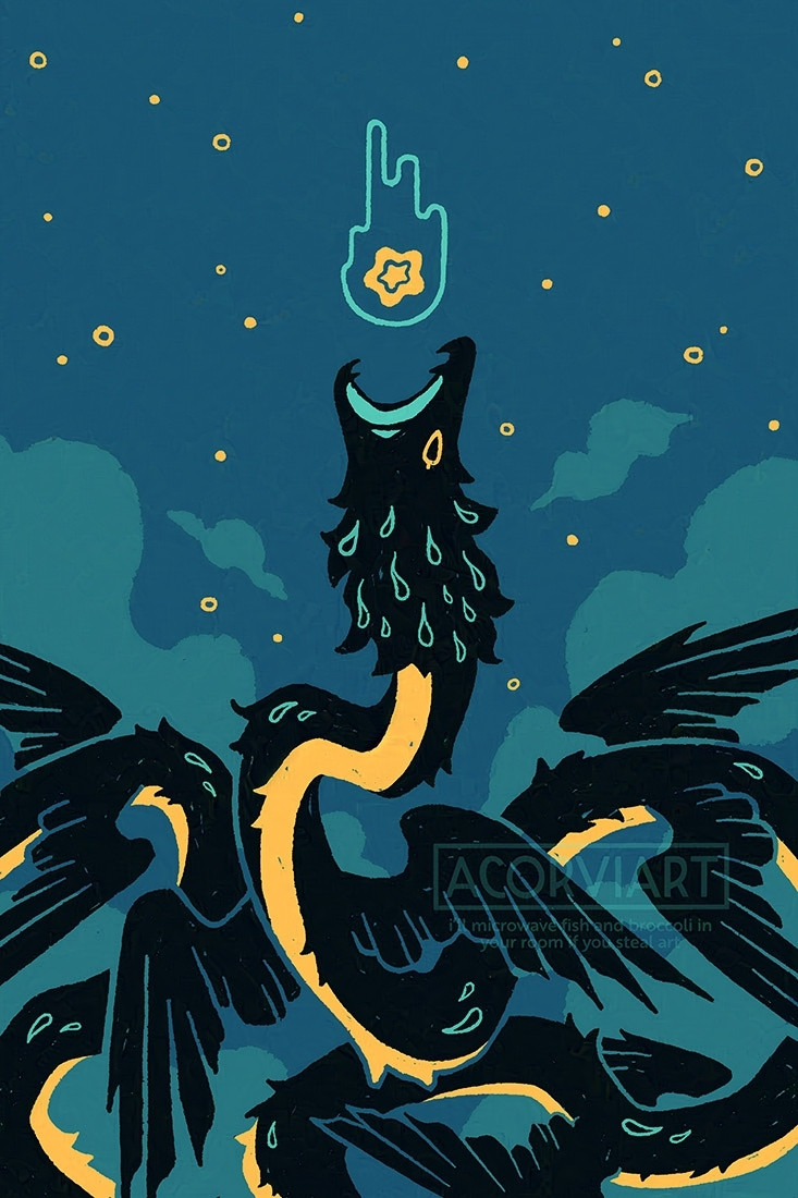 Illustration of a winged serpent against a cloudy and starry sky opening its mouth to catch a green and yellow falling star. The serpent has a black body and yellow belly with a green mouth interior and green droplet markings on its mane/body.