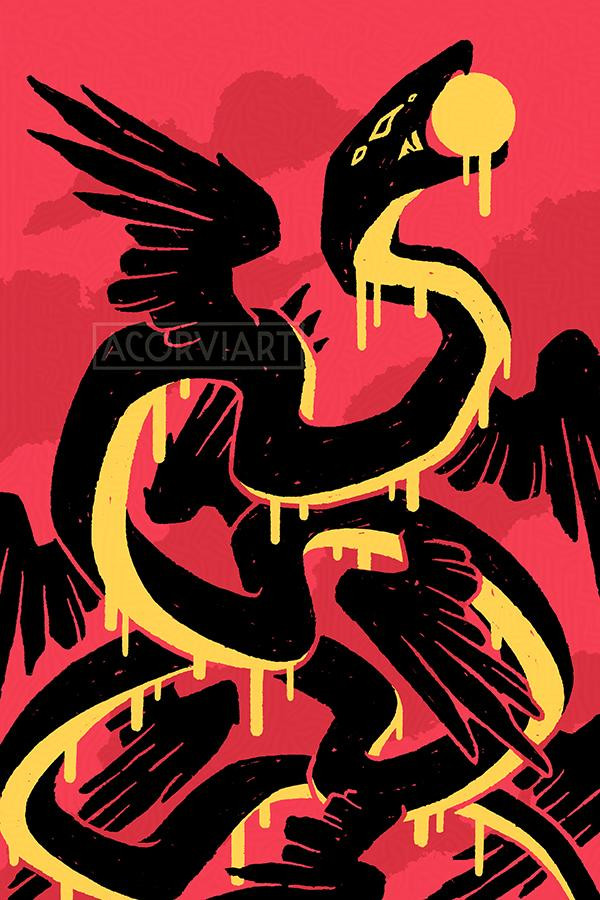 Illustration of a winged serpent against a bright red background, coiled up and biting the sun. The serpent has a gold belly that drips down.