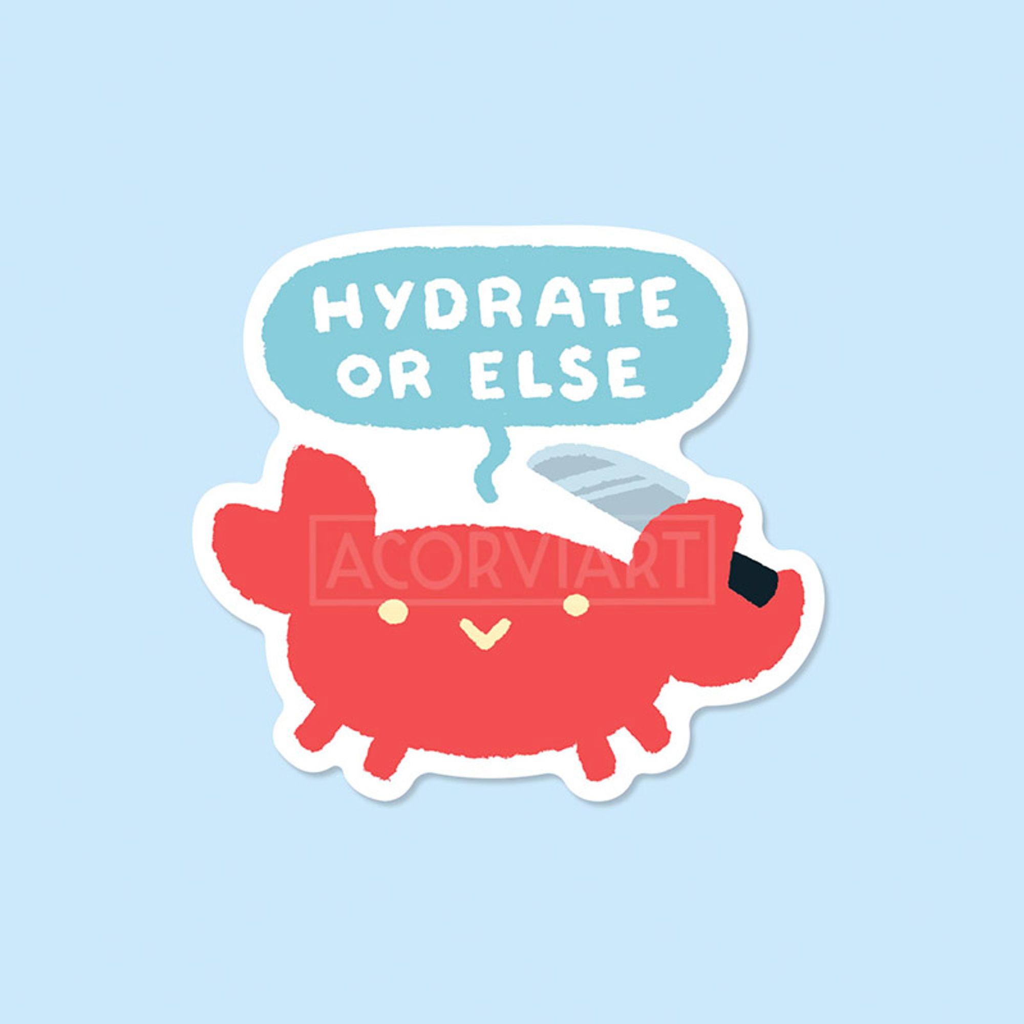 mockup of a sticker of a crab holding a knife and saying "hydrate or else"